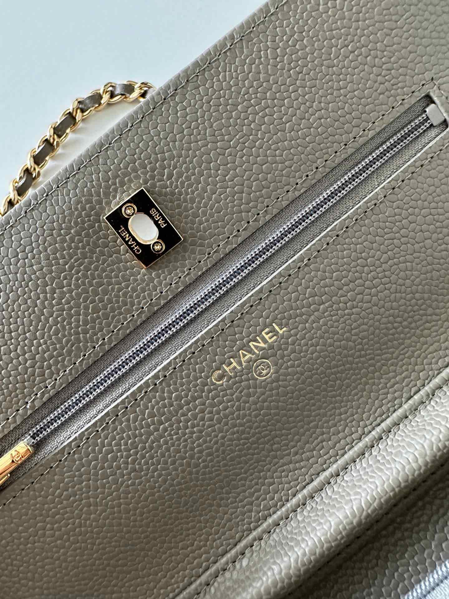Chanel Classic Wallet on Chain Grained Shiny Calfskin & Gold-Tone Metal AP4241 Grey High