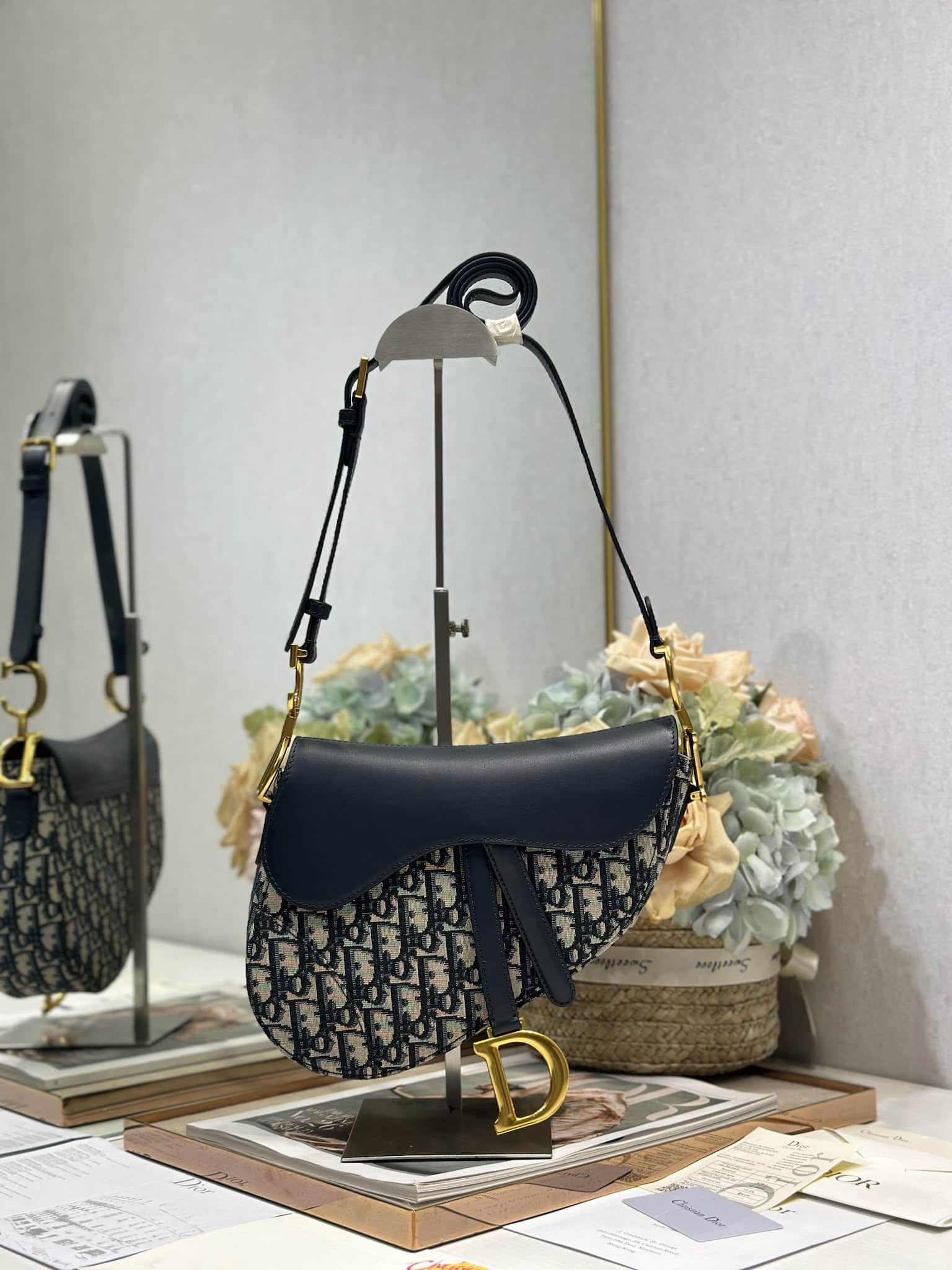 SADDLE BAG Oblique Jacquard  Blue with Beige High