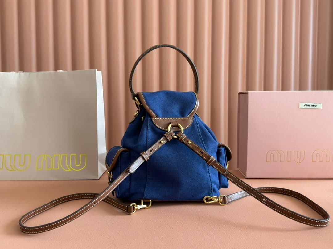 复制Miu Miu Miu Miu Cornflower Blue/Brandy Denim Backpack 5bz043 TOPCord Brown/brandy Denim Backpack 5bz042 High
