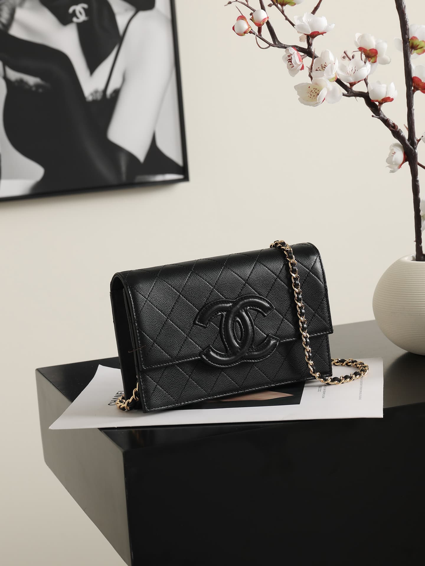 Chanel Wallet on Chain Shiny Grained Calfskin Lambskin & Gold-Tone Metal Black AP5455 A