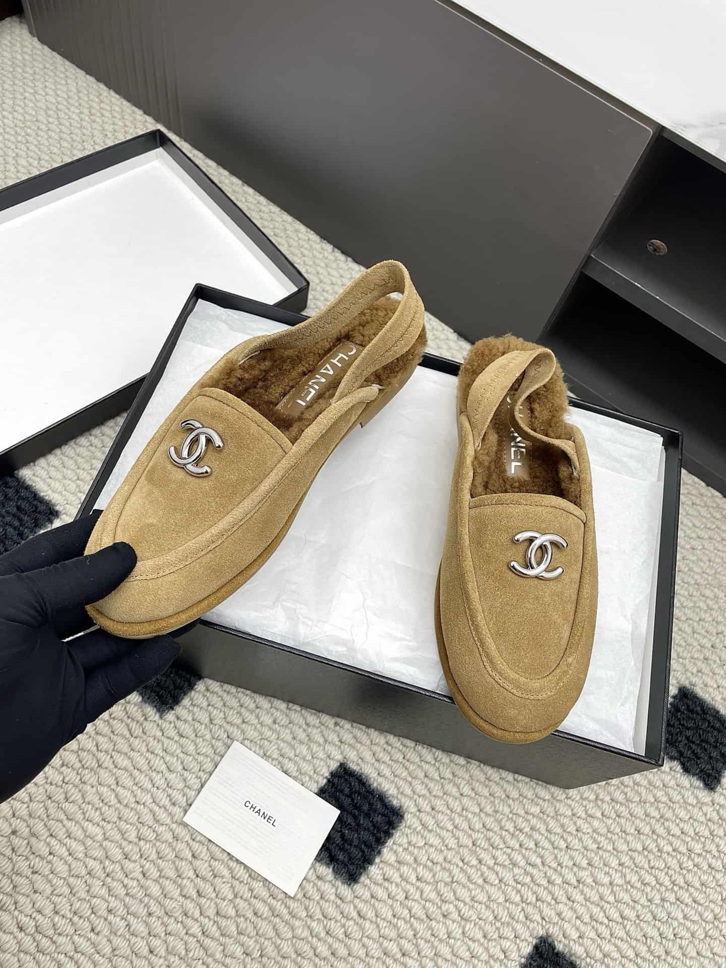 Chanel 25A slingback Suede Sherpa loafer shoes Women