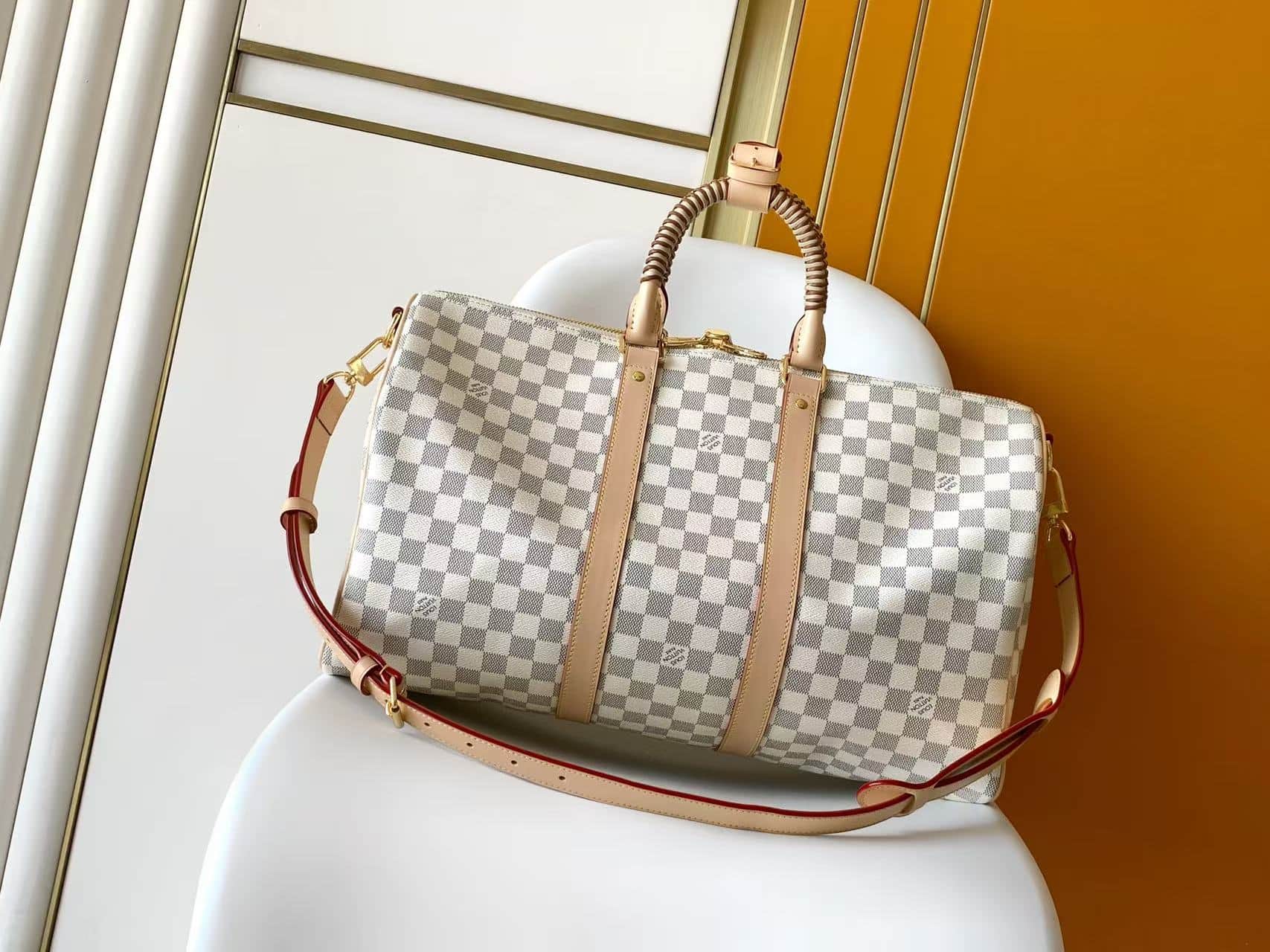 Louis Vuitton Keepall Bandoulière 45 Banana Yellow/Hazelnut Brown Damier Azur coated canvas N40909 High