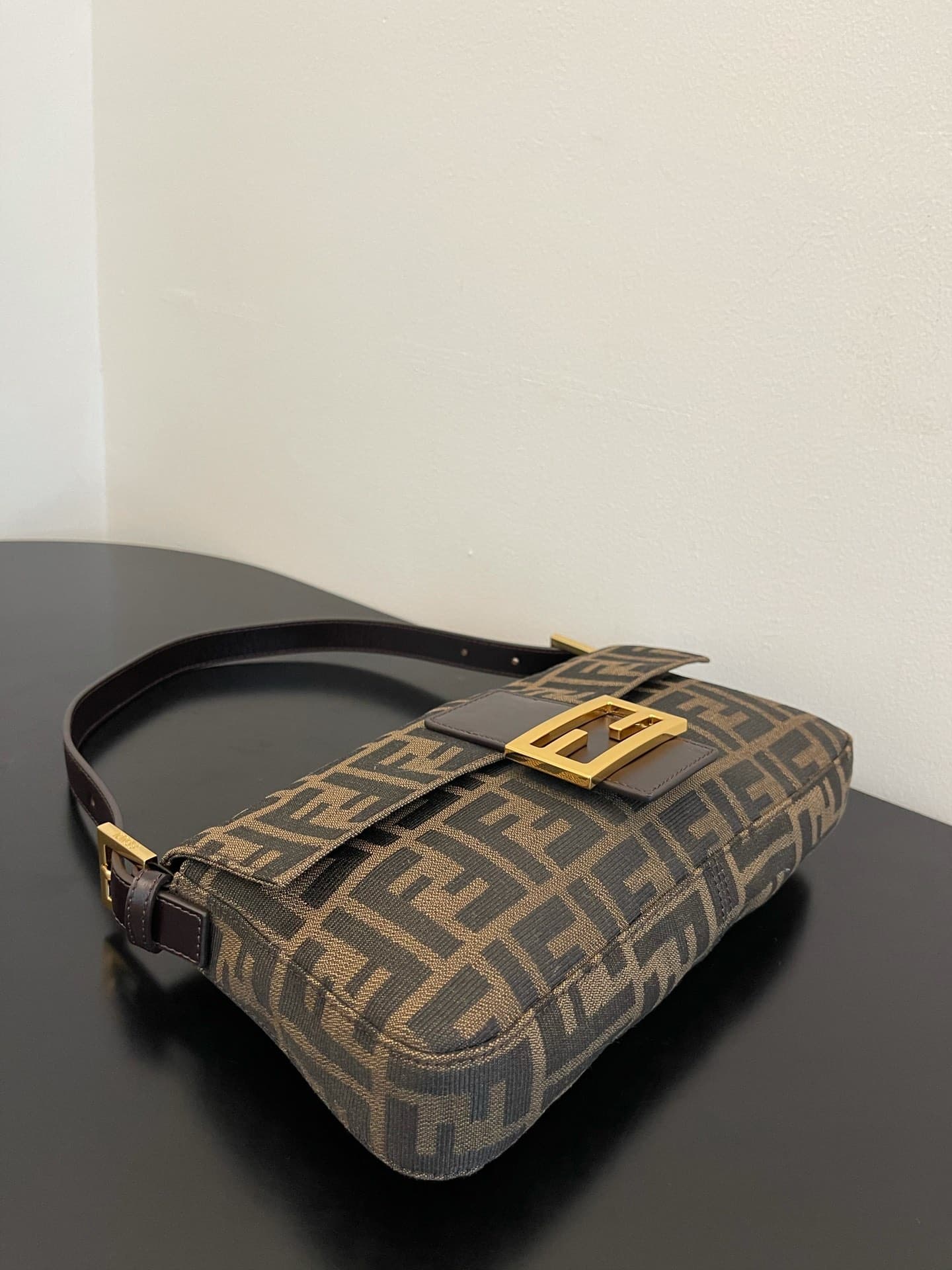 FENDI BAGUETTE fabric bag gold metal Brown High