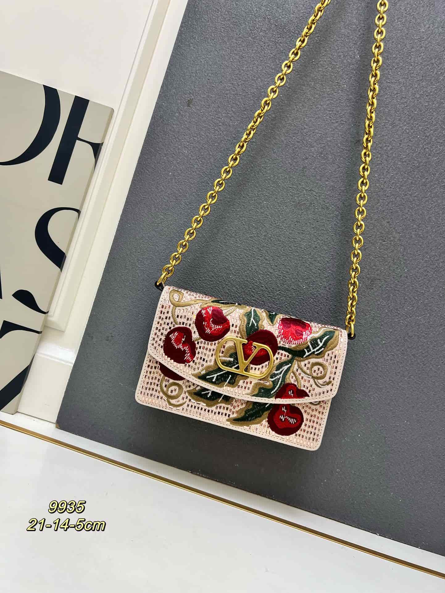 Valentino Garavani Vain Embroidered Shoulder Clutch With Cherryfic Pattern Mid