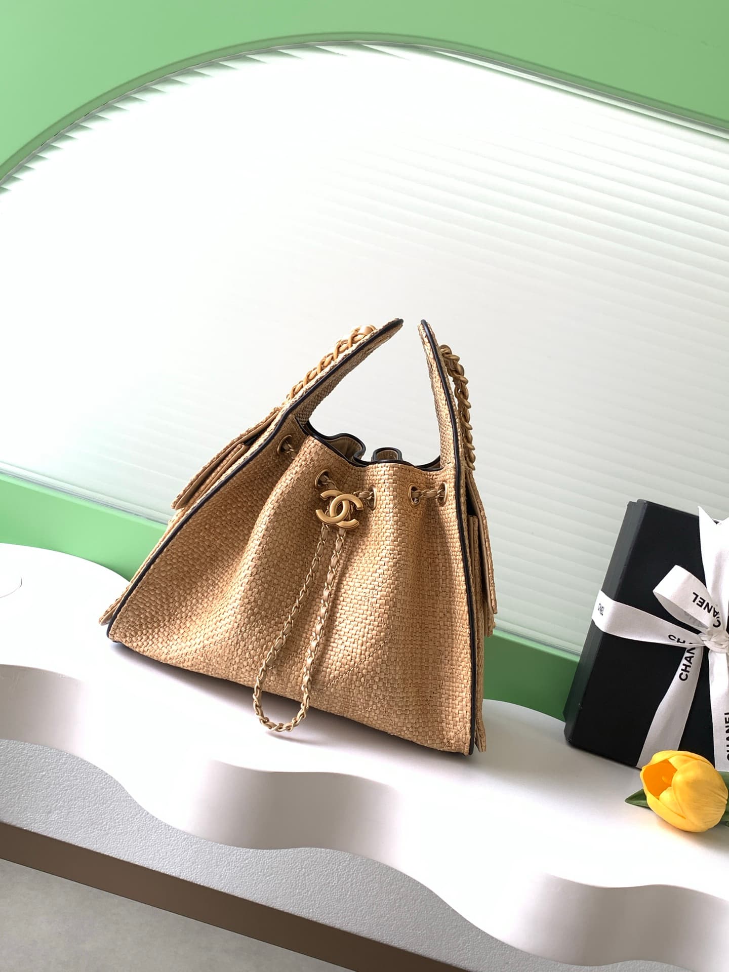 Chanel 25 Small Hobo handbag AS5293 Braided Raffia-Effect Canvas Calfskin & Gold-Tone Metal Black&Beige  A