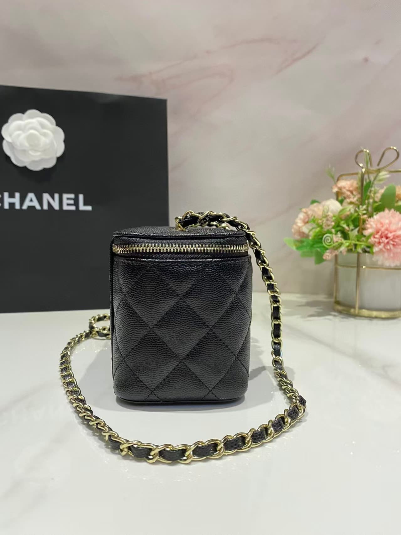 Chanel Vanity with Chain Grained Calfskin Gold Metal Black High