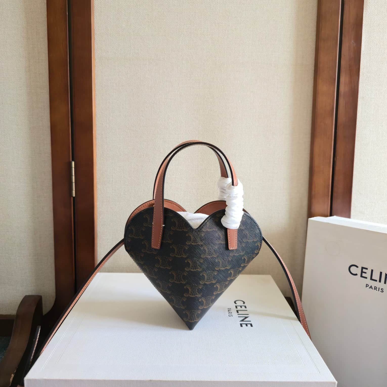 CELINE Triomphe Canvas Calfskin Teen Coeur Heart Bag in Tan High