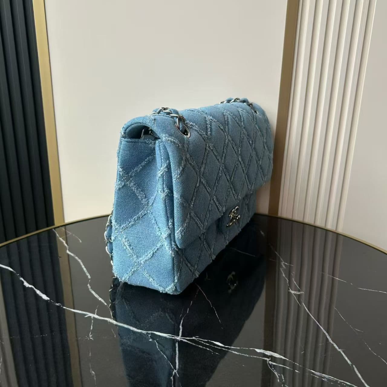 Chanel Medium Flap Bag Distressed Quilted Denim & Silver-Tone Metal Blue A