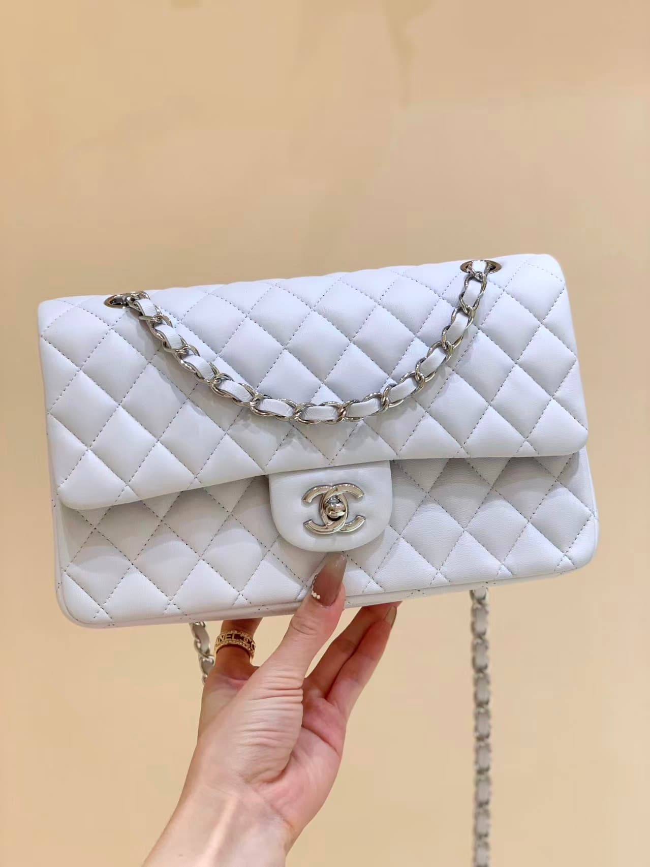 Chanel Medium CLASSIC HANDBAG Lambskin Silver-Tone Metal White TOP