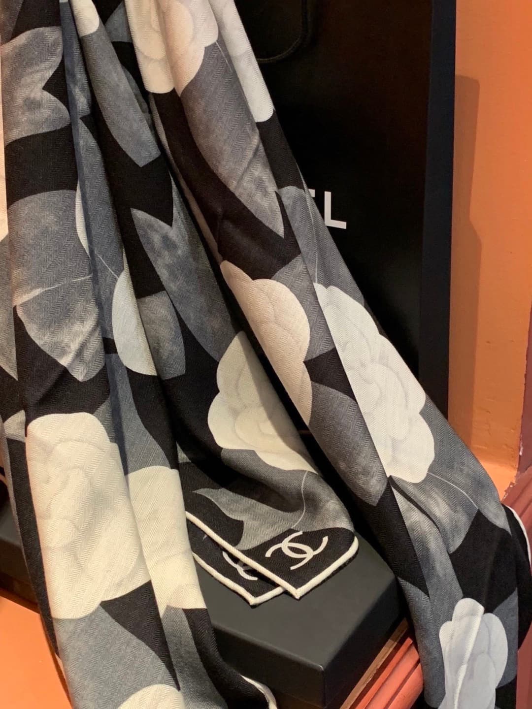 Chanel camellia and ribbon print scarf