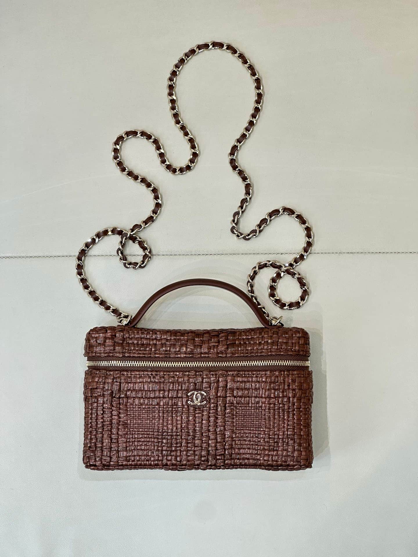 Chanel Classic Vanity with Chain Braided Raffia & Gold-Tone Metal Brown AP4385 TOP