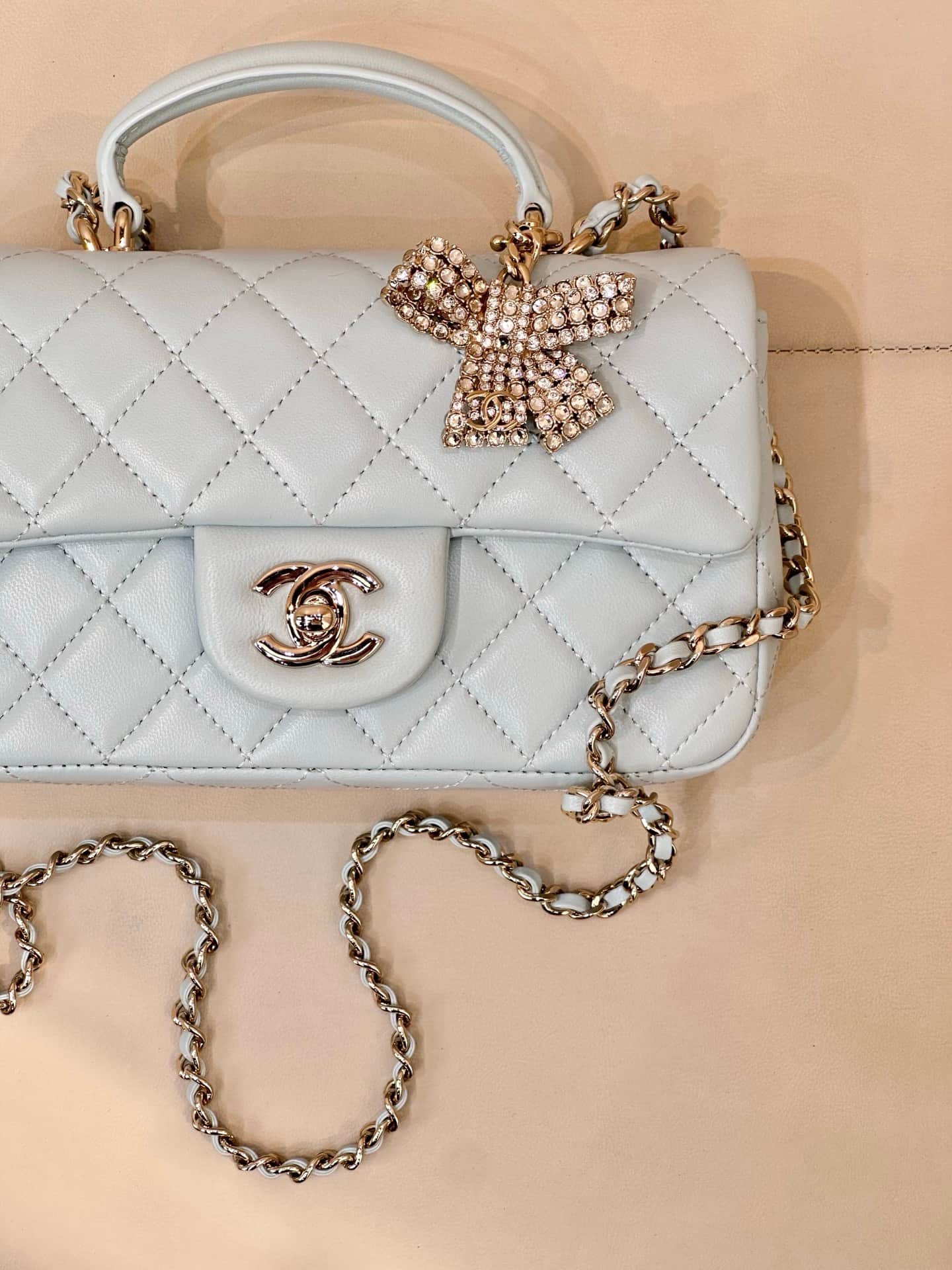 Chanel Mini Classic Handbag Lambskin Strass & Gold-Tone Metal AS2431 light blue TOP