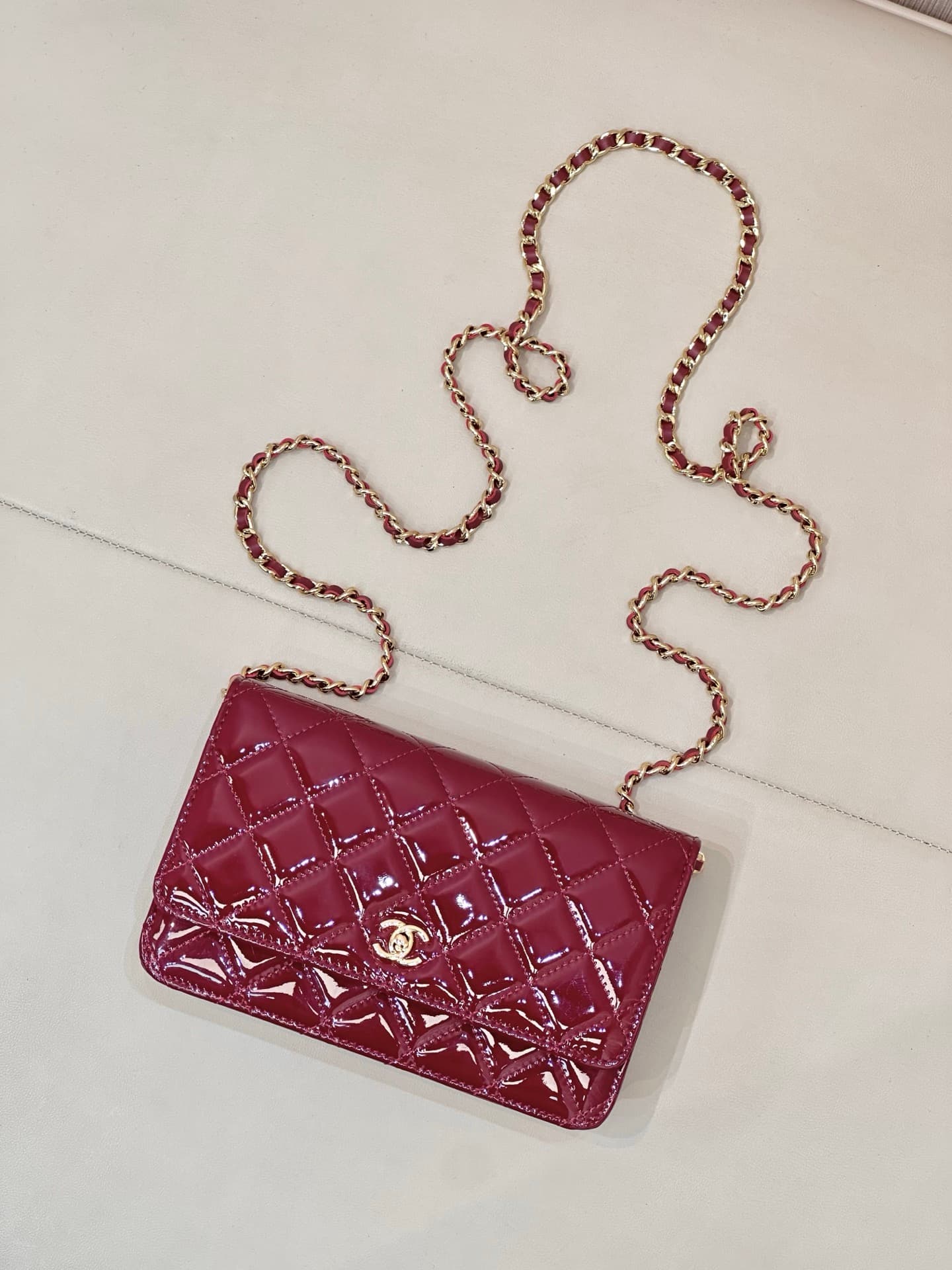 Chanel Classic Wallet on Chain Patent Quilted & Gold-Tone Metal AP4241 Burgundy TOP