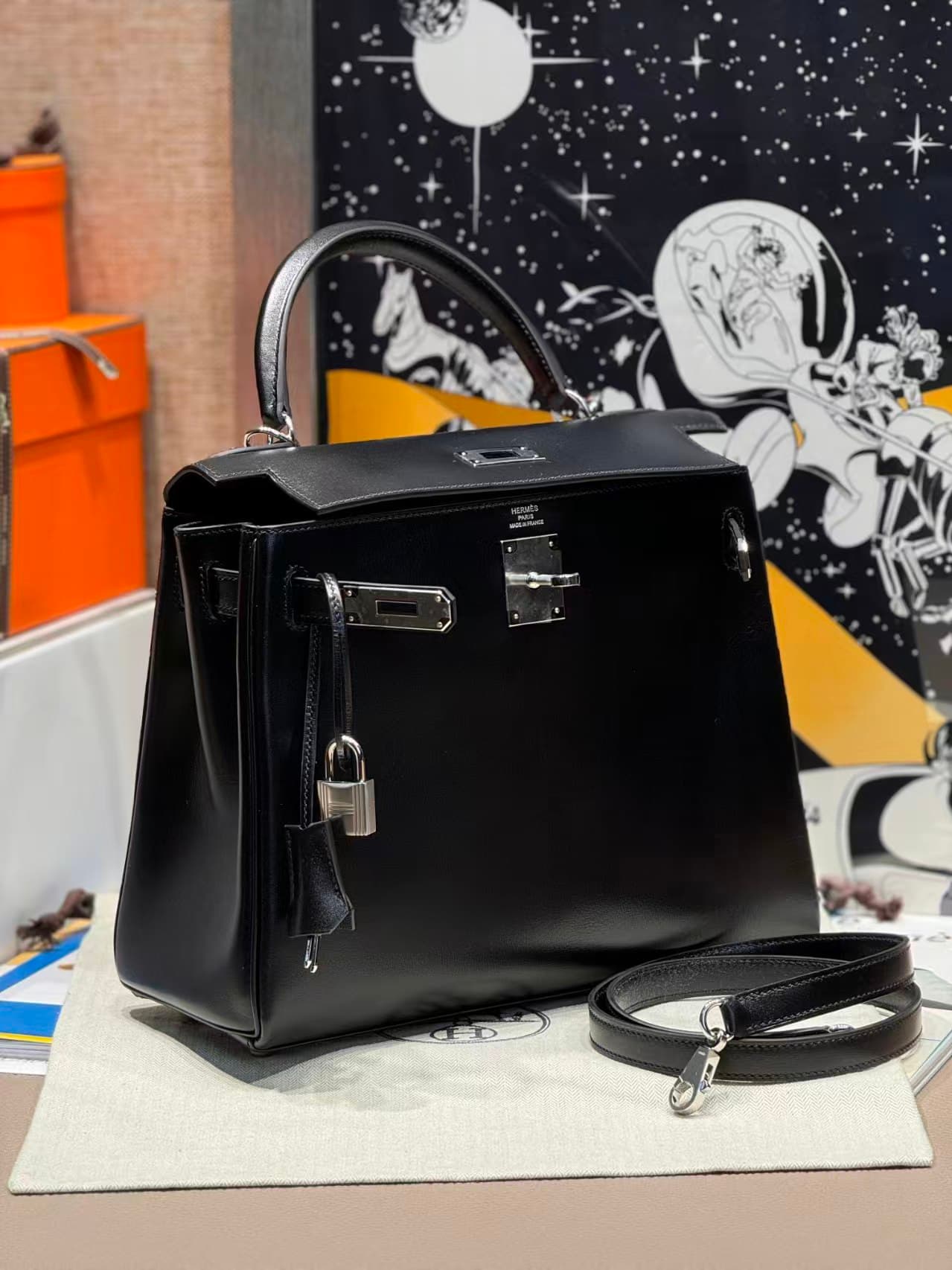 Hermes Kelly 25/28/32cm Retourne Bag Box Leather In Black WAX High Customizing style