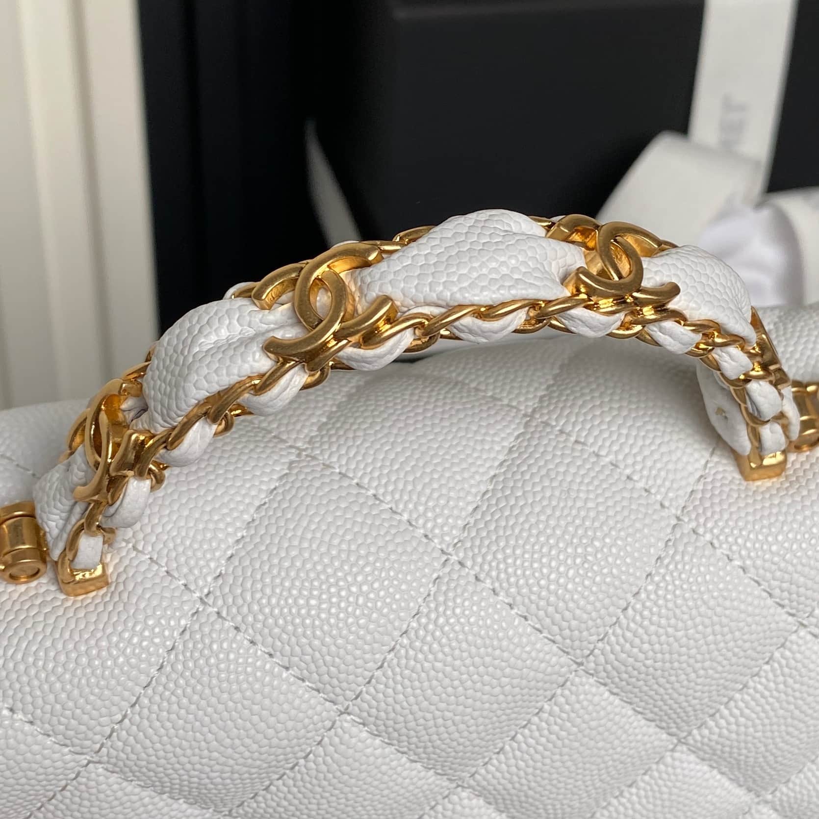 Chanel Mini Flap Bag with Top Handle Grained Shiny Calfskin & Gold-Tone Metal White AS5701 A
