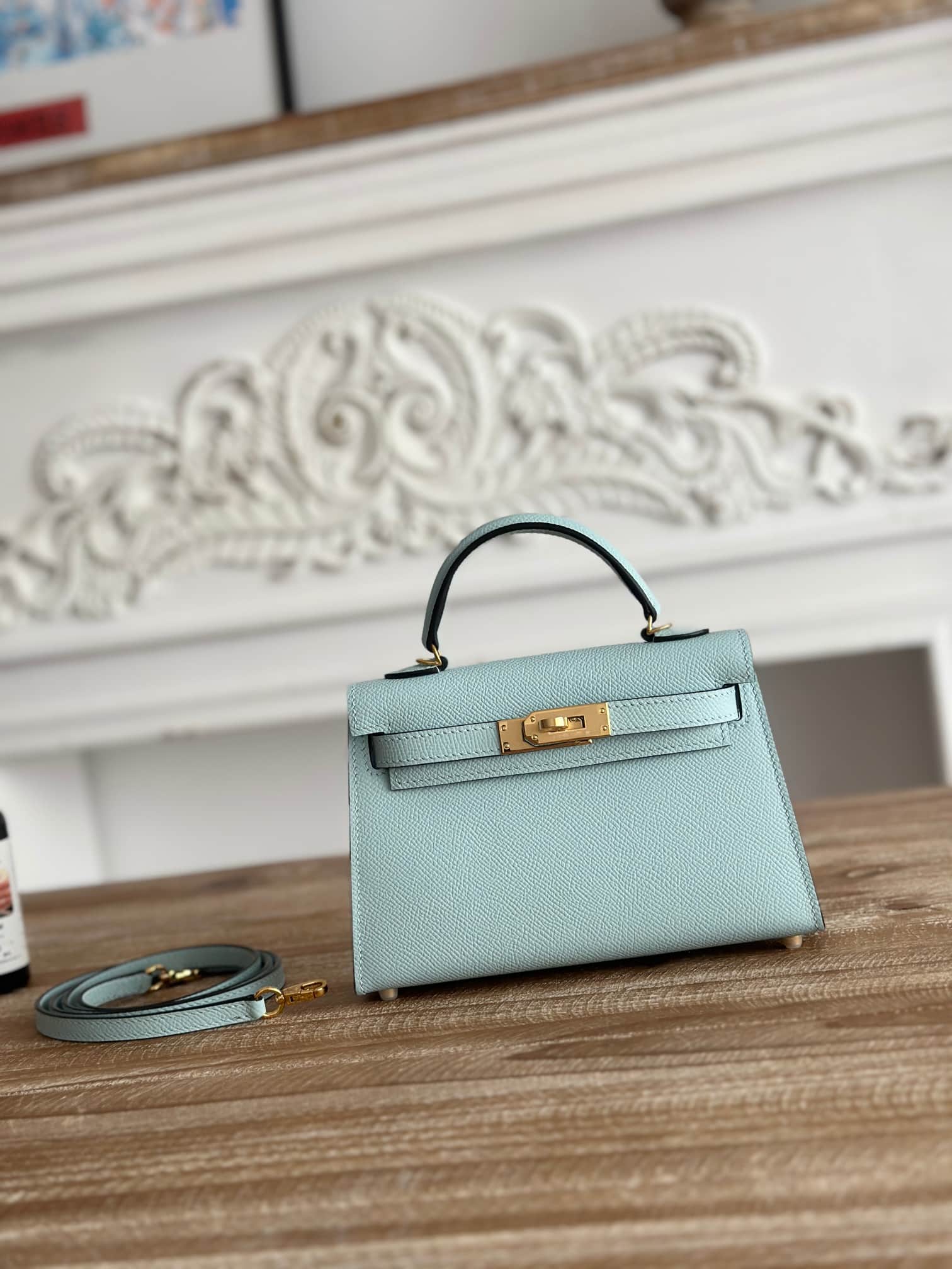 Hermes Kelly Mini II Bag Epsom Leather WAX Blue Zephyr High
