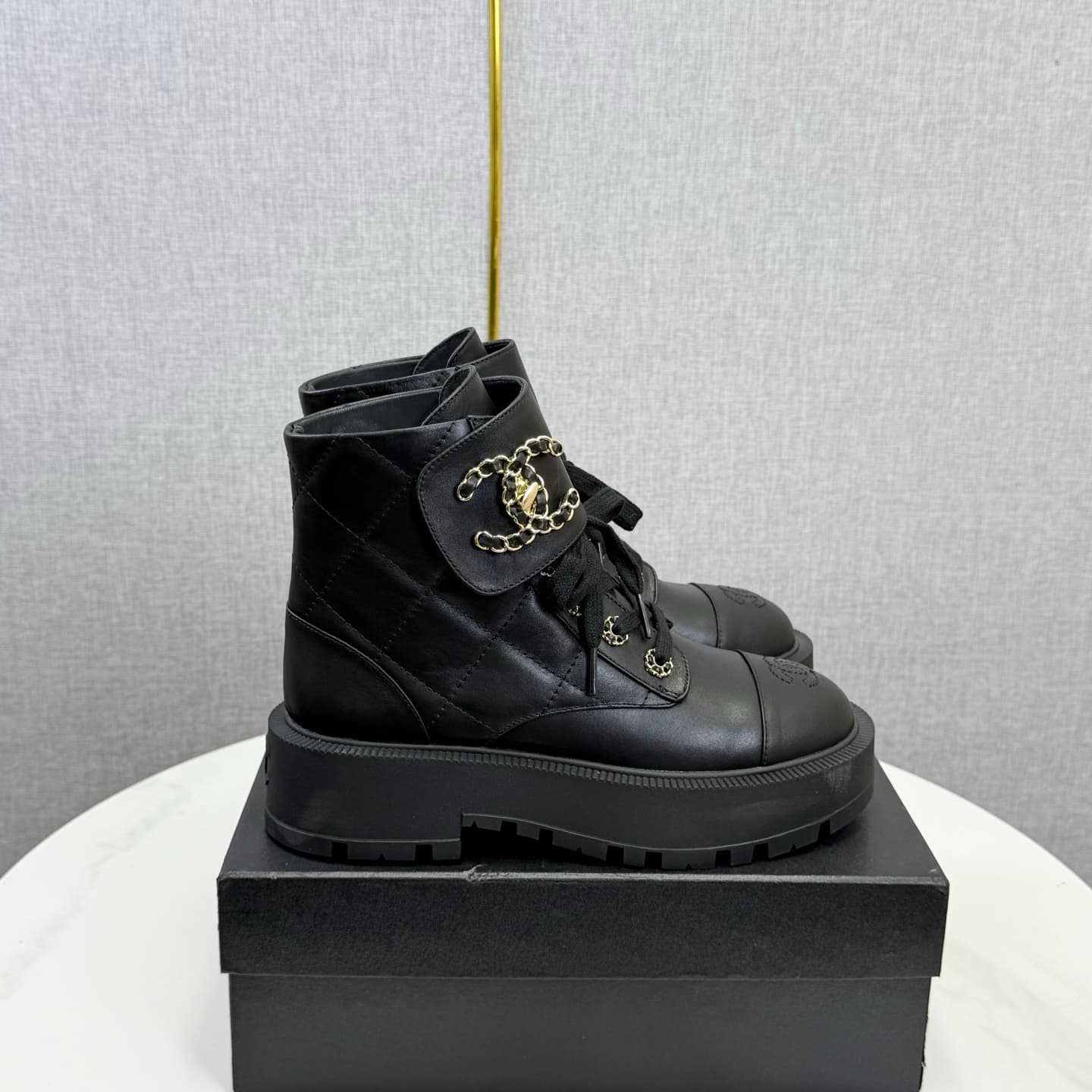 Chanel Shiny Calfskin Quilted Lace Up Combat Boots Shoes Women