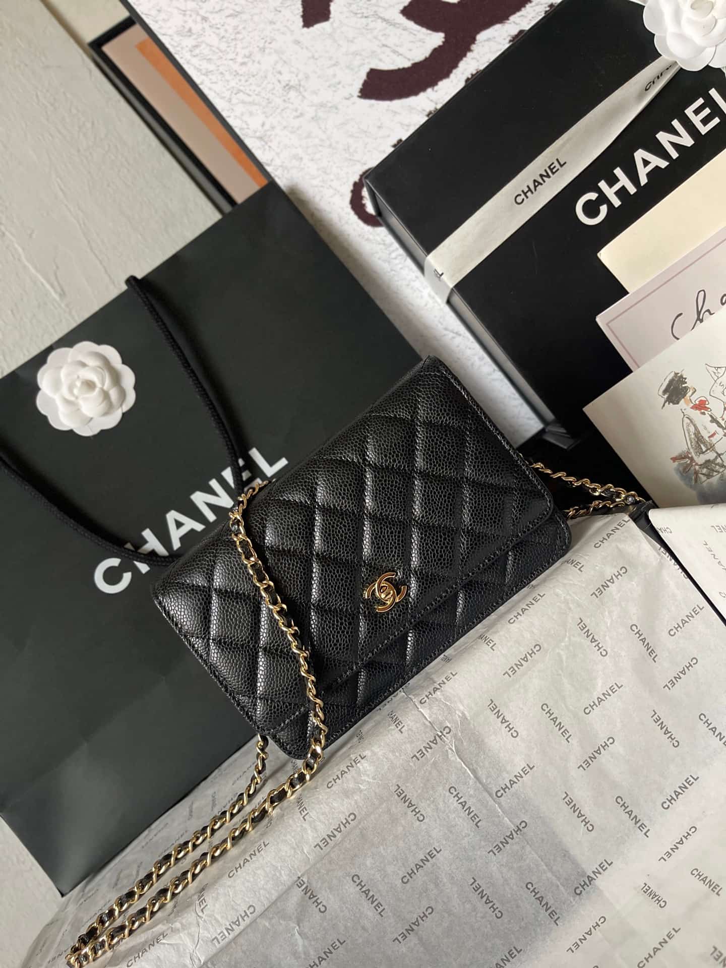 Chanel Classic Wallet on Chain Grained Shiny Calfskin & Gold-Tone Metal AP4241 Black A