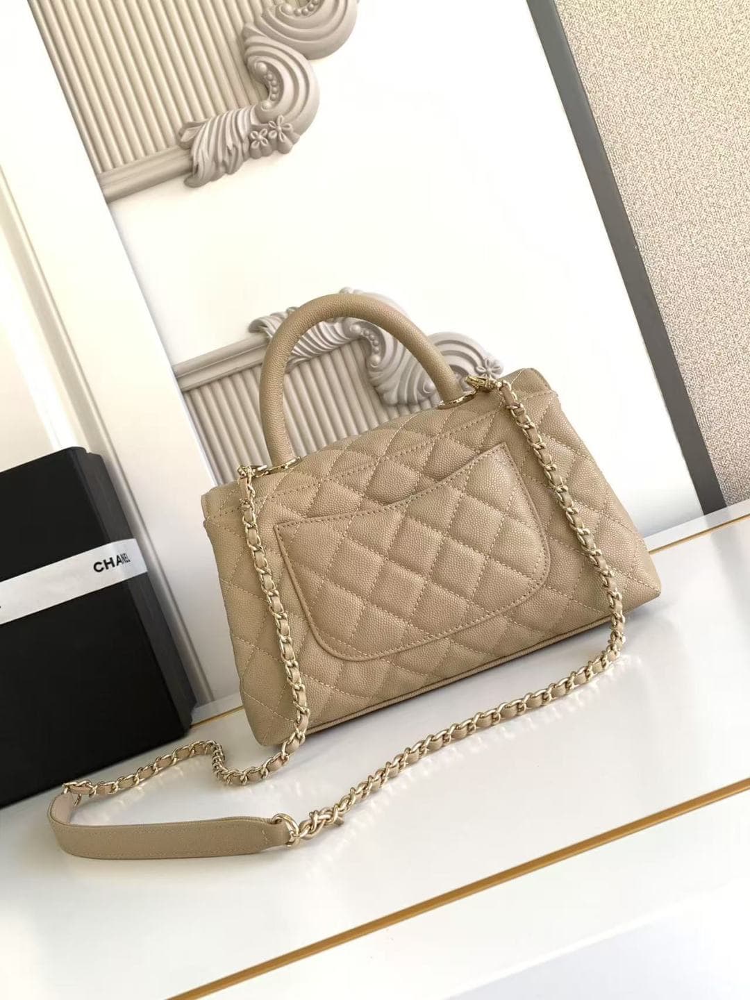 FLAP BAG WITH TOP HANDLE Grained Calfskin & Gold-Tone Metal A92990 Champagne Binding A