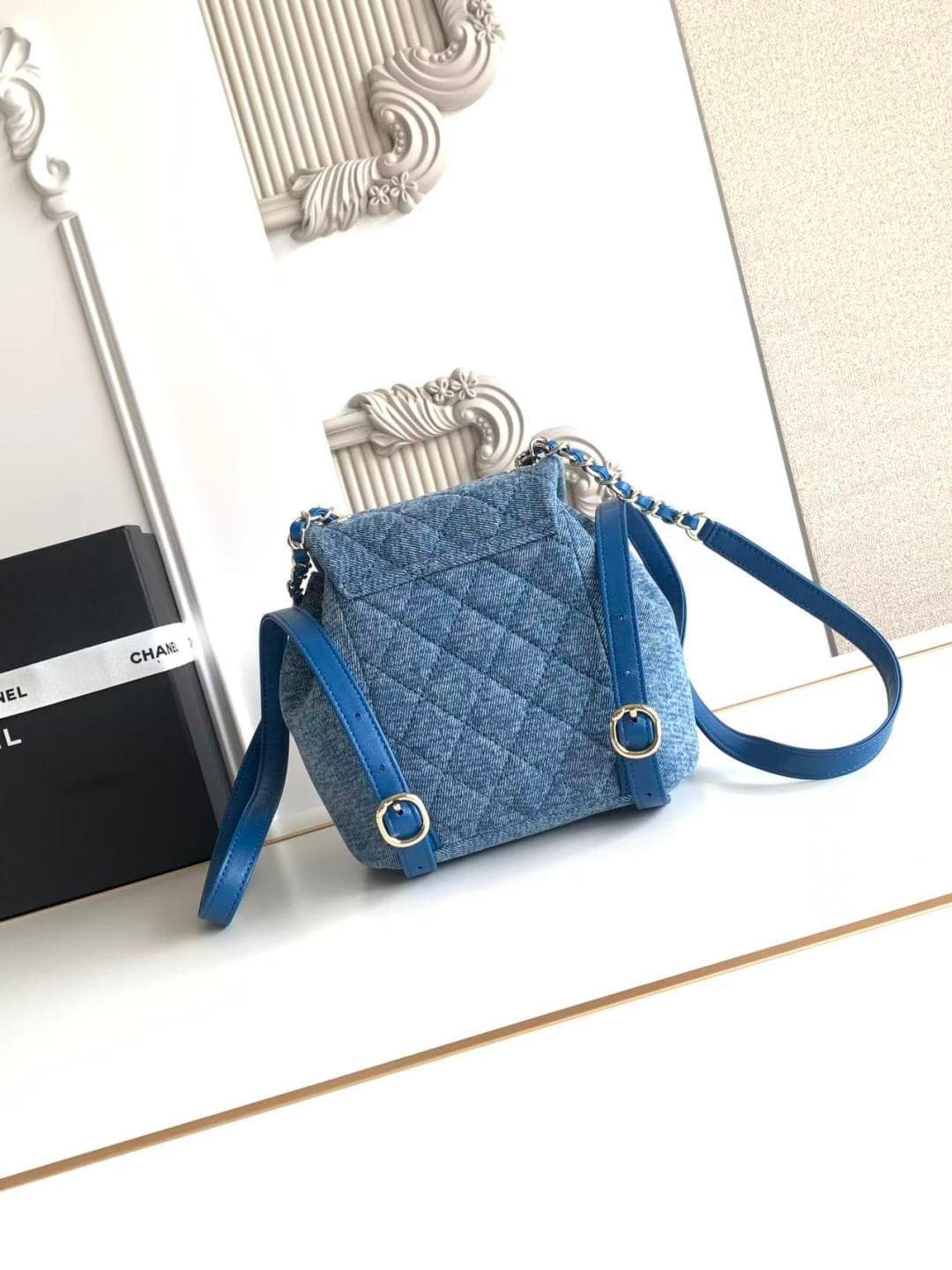 Chanel Small Backpack Washed Denim & Gold-Tone Metal Blue AS2908 A