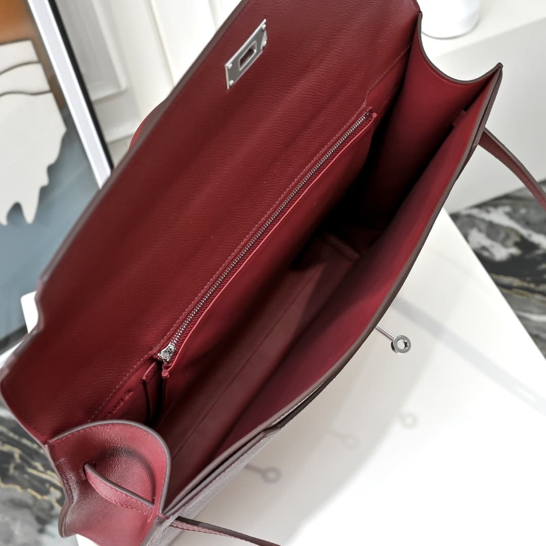 Hermes Kelly depeches Epsom 36 briefcase In Burgundy Silver Metal CalfskIn WAX High