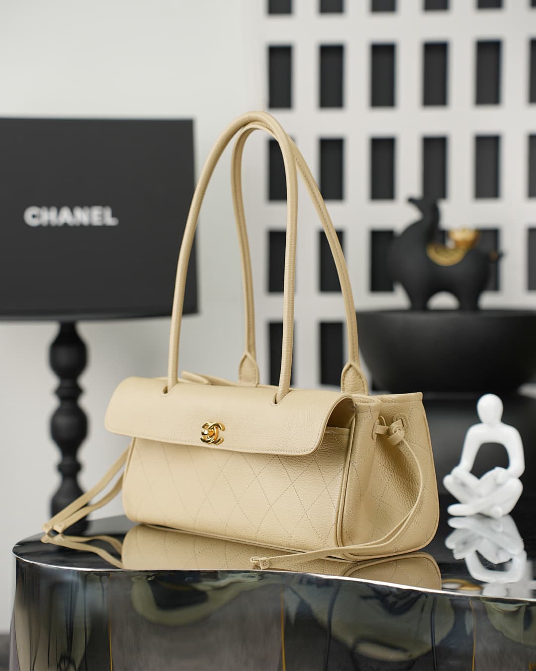 Chanel SMALL SHOPPING BAG Grained Calfskin & Gold-Tone Metal Beige AS6288 A