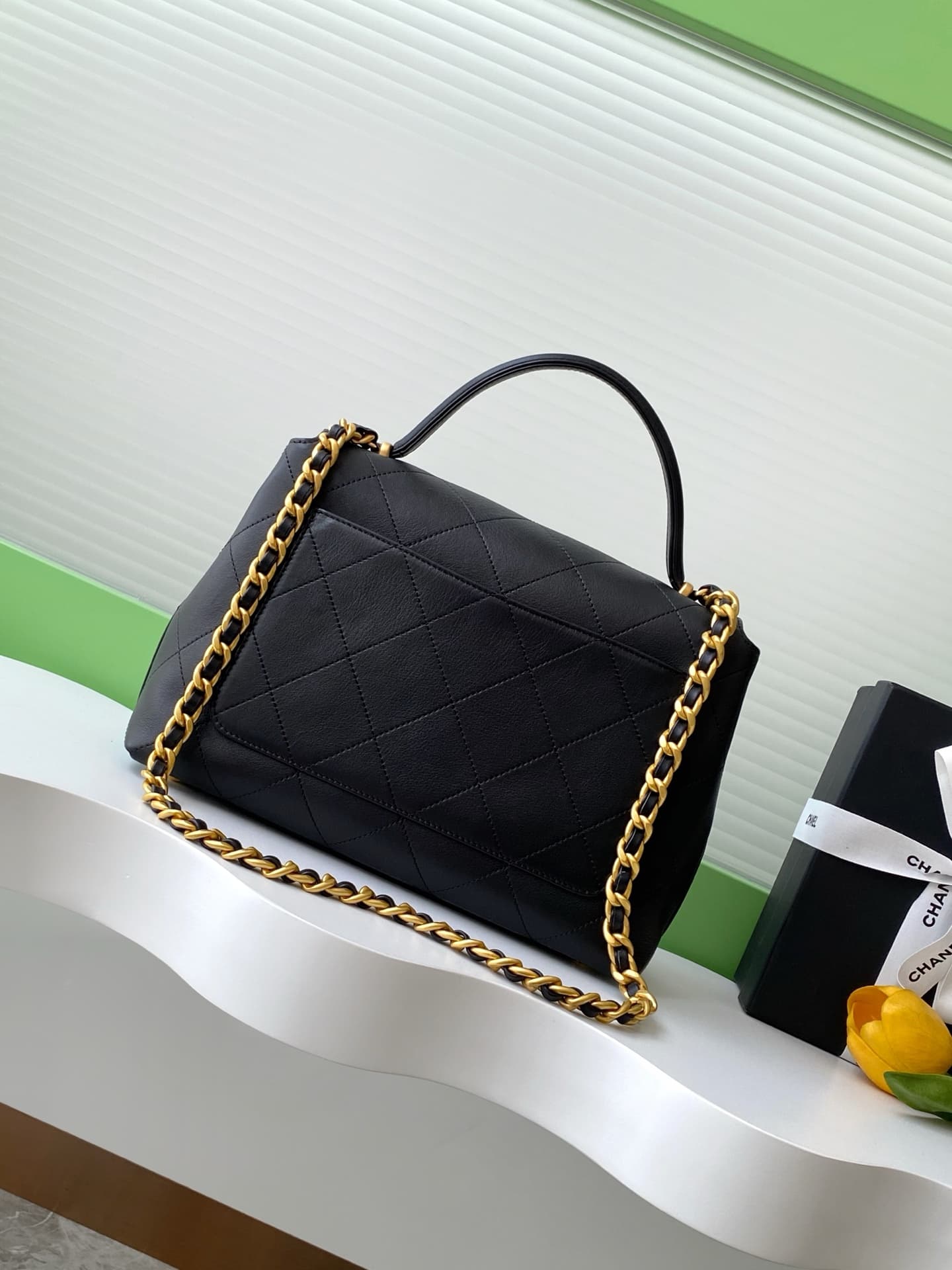 LARGE FLAP BAG WITH TOP HANDLE Calfskin & Gold-Tone Metal Black AS5467 A