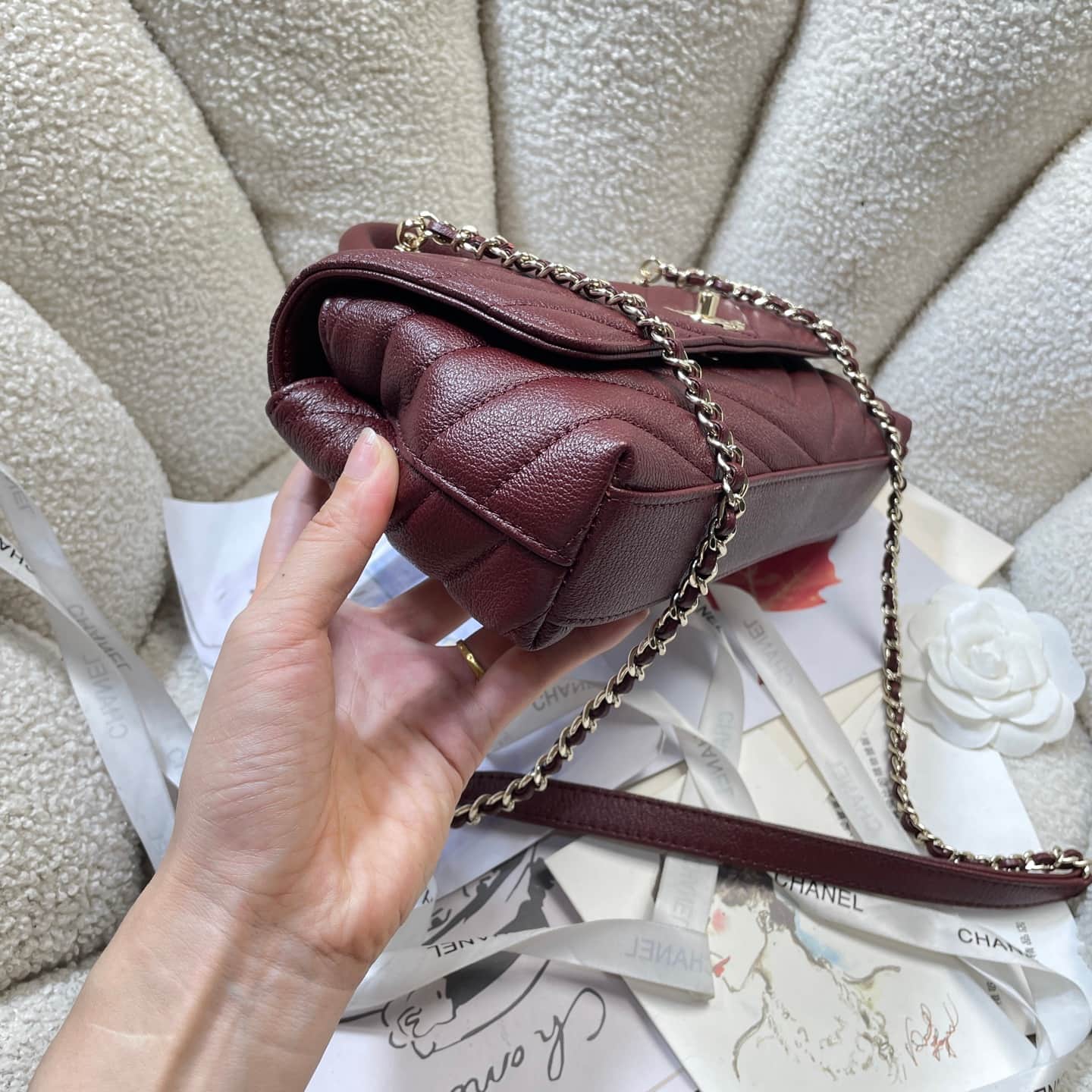 Chanel Maxi Flap Bag with Top Handle Calfskin& Gold-Tone Metal AS6091 Claret A