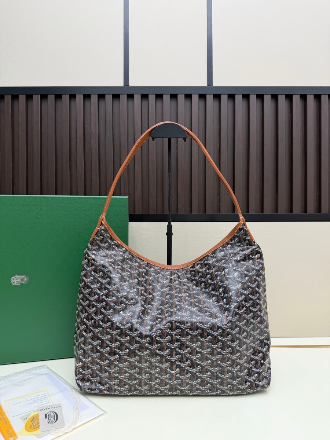 Goyard Bohème Brown Hobo Bag Chevron Canvas and White Painted Mascot High