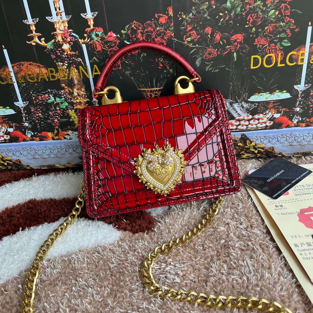 Dolce & Gabbana Small Devotion bag in crocodile-effect calfskin Red High
