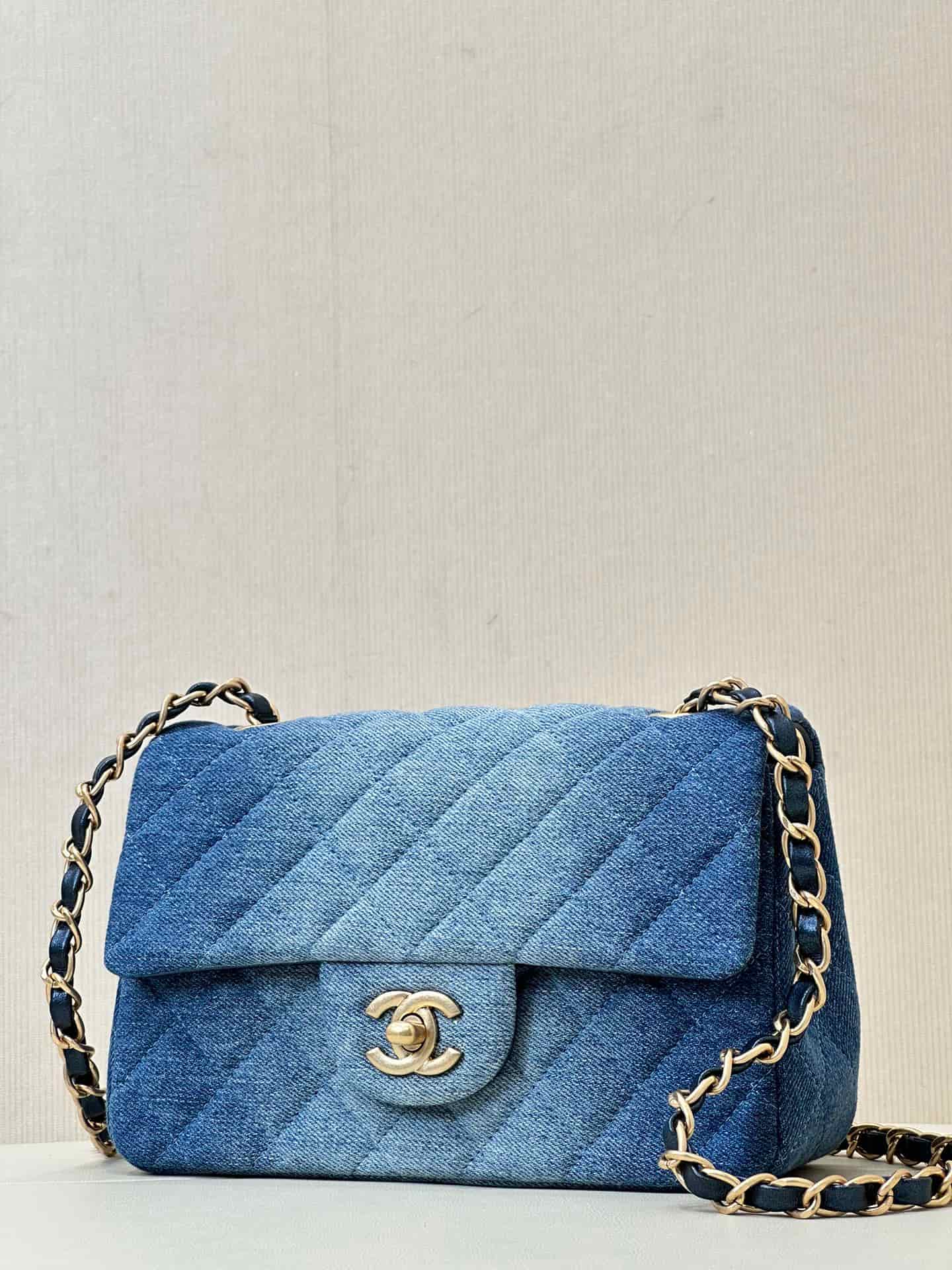 CHANEL Mini Classic Handbag Denim &Gold-tone Metal AS1116 Blue TOP