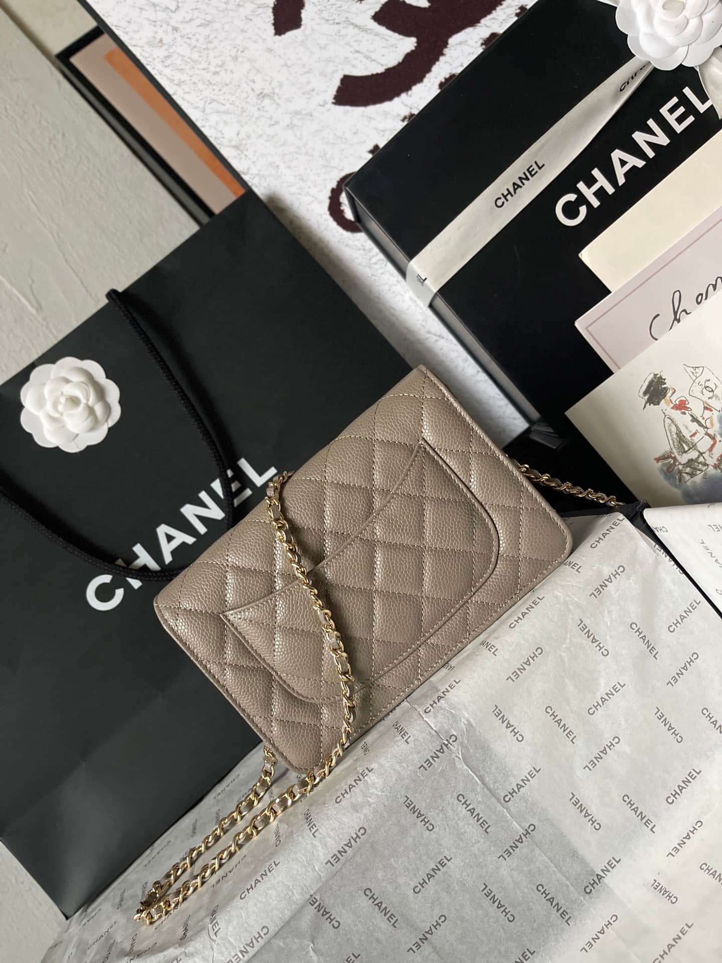 Chanel Classic Wallet on Chain Grained Shiny Calfskin & Gold-Tone Metal AP4241 Grey A