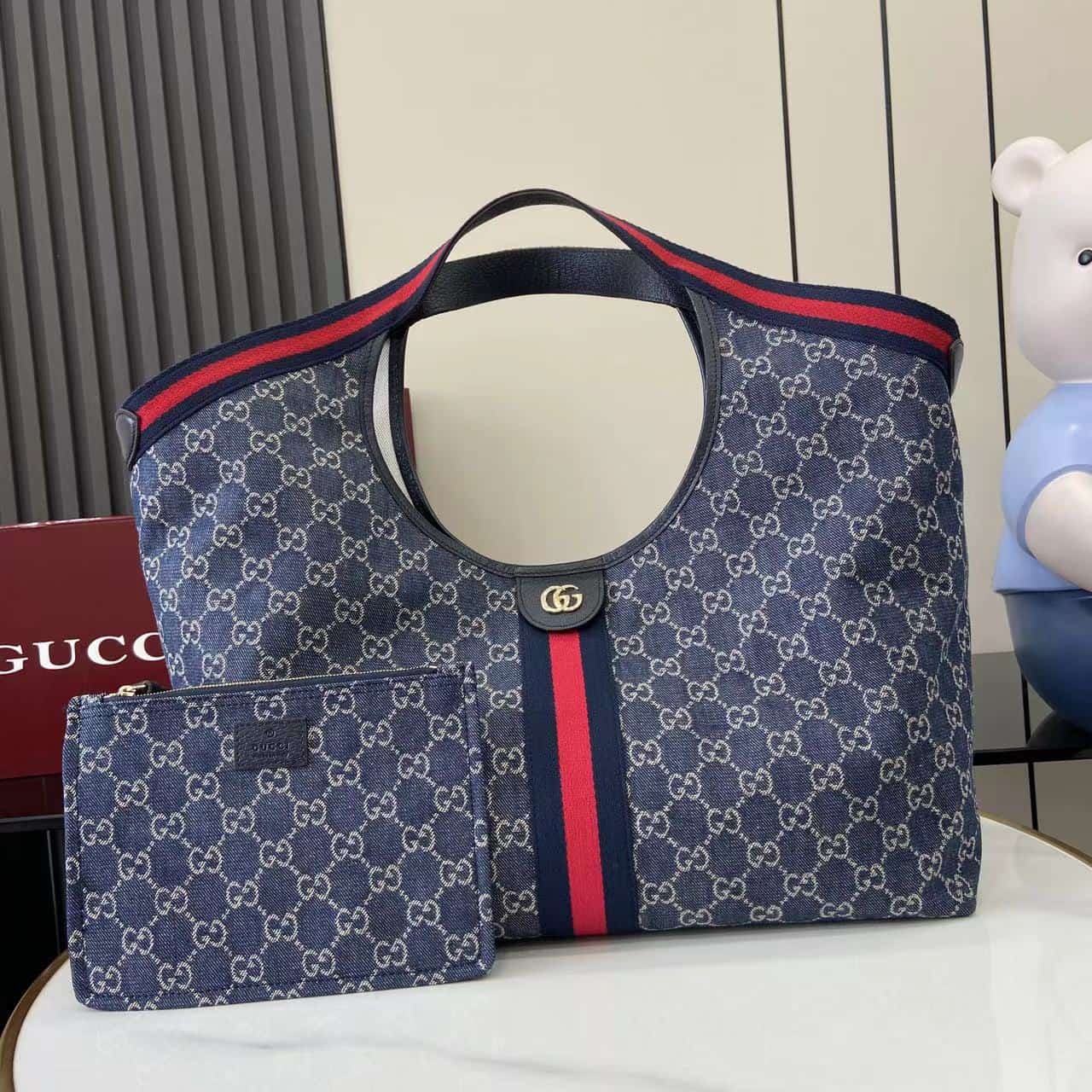 Gucci Giglio large tote bag blue and white GG denim 853971 High
