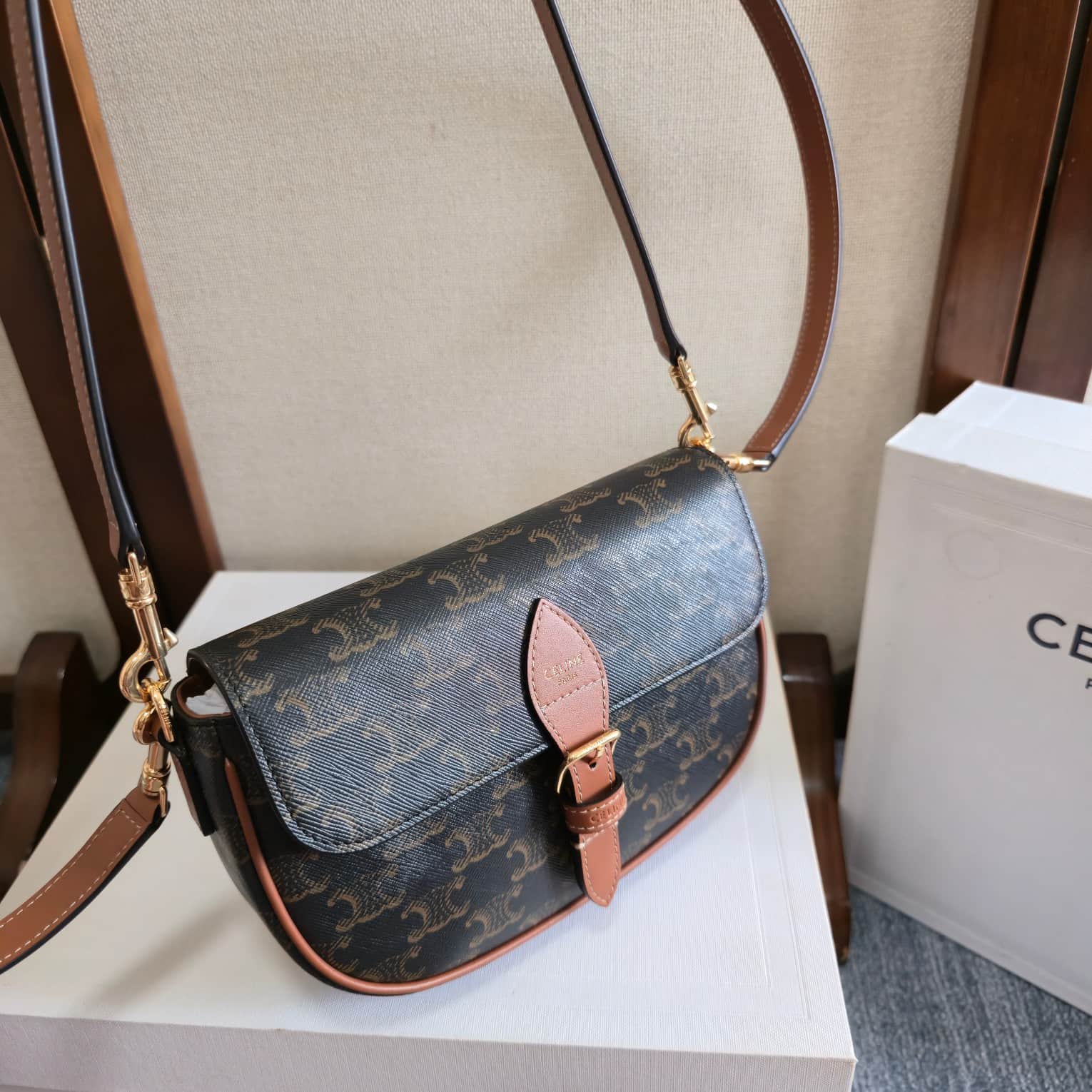 Celine Folco Shoulder Bag in Triomphe Canvas and Calfskin High