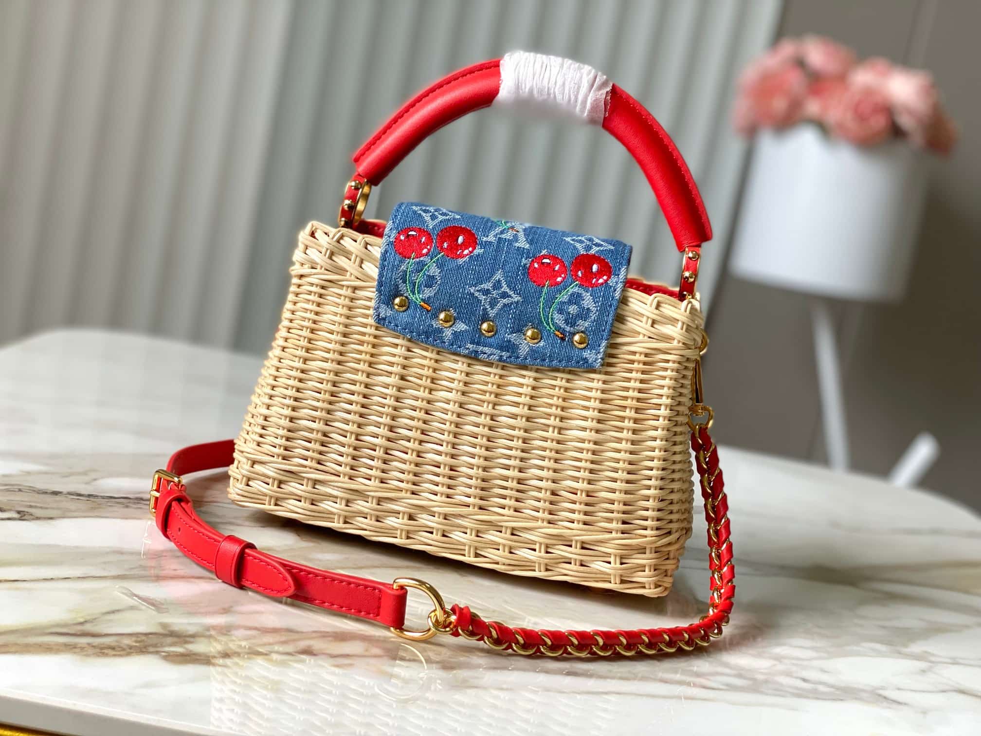Louis Vuitton x Murakami Capucines Mini Rattan/Cowhide leather/Monogram cherry denim M14295 Top