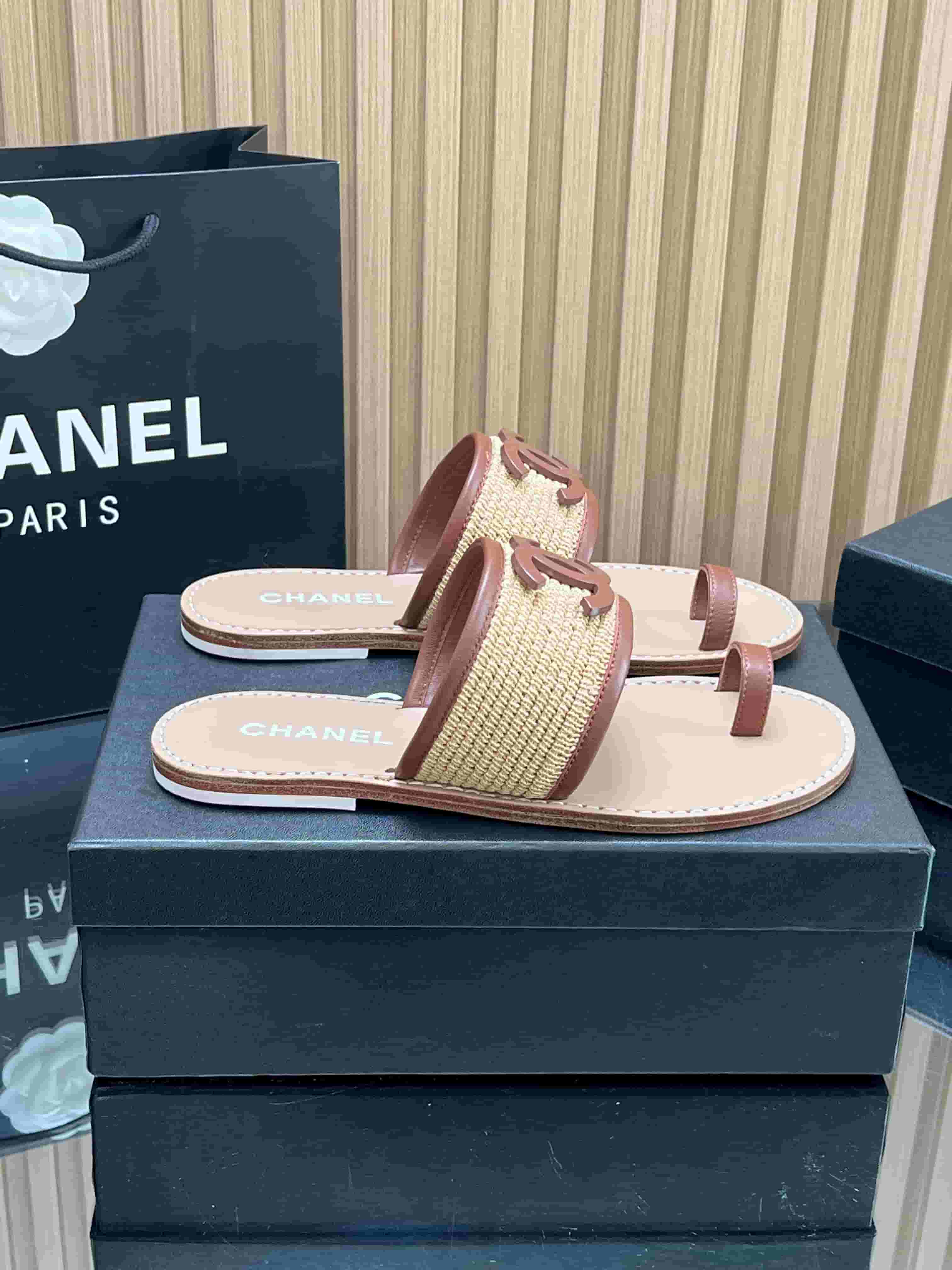 Chanel Raffia & lambskin Mules