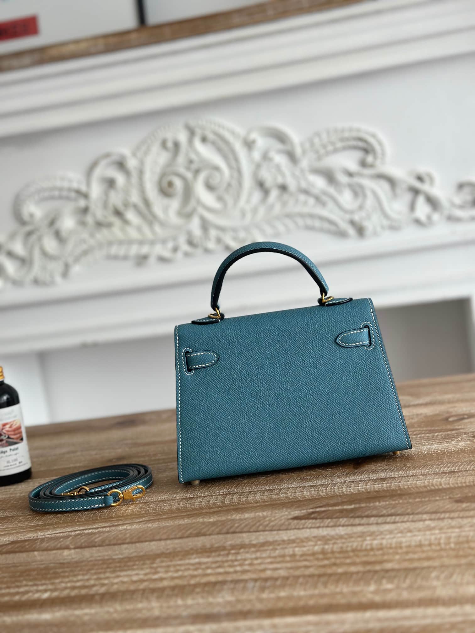 Hermes Kelly Mini II Bag Epsom Leather WAX Bleu Jean High