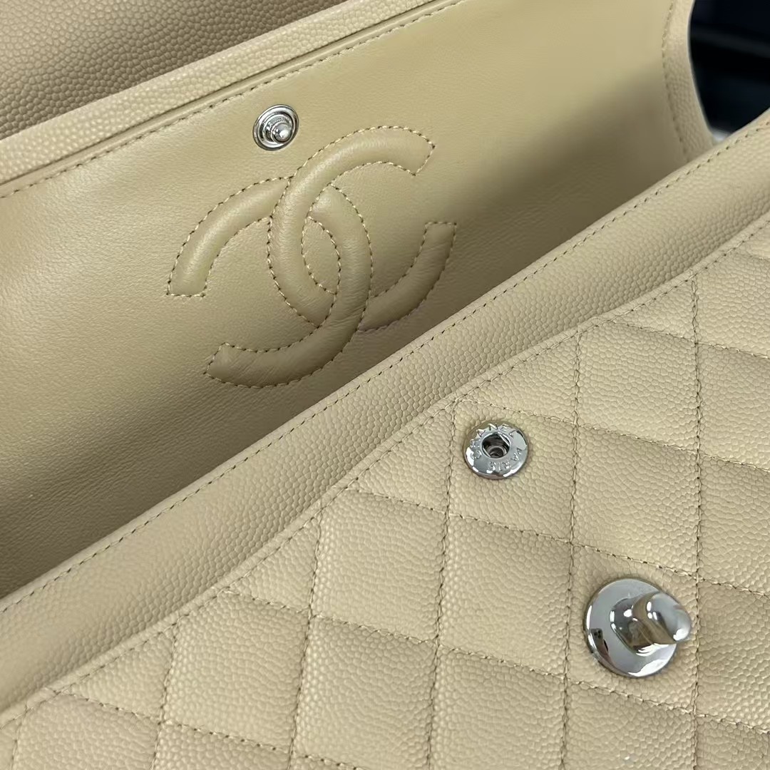 Small CLASSIC HANDBAG Grained Calfskin Sliver Metal Beige-E A