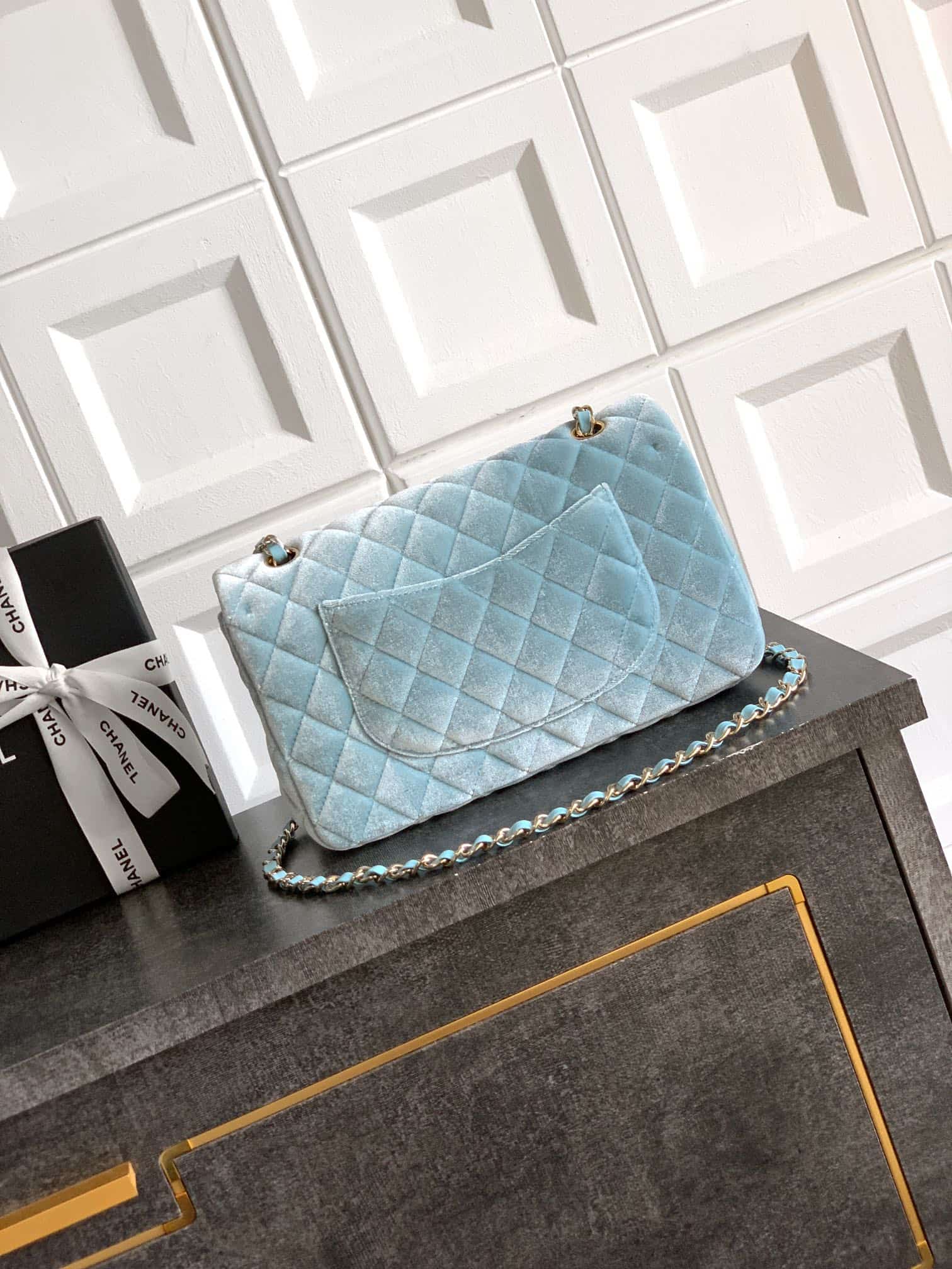 Chanel Medium CLASSIC HANDBAG Velvet  & Gold-Tone Metal Light Blue A