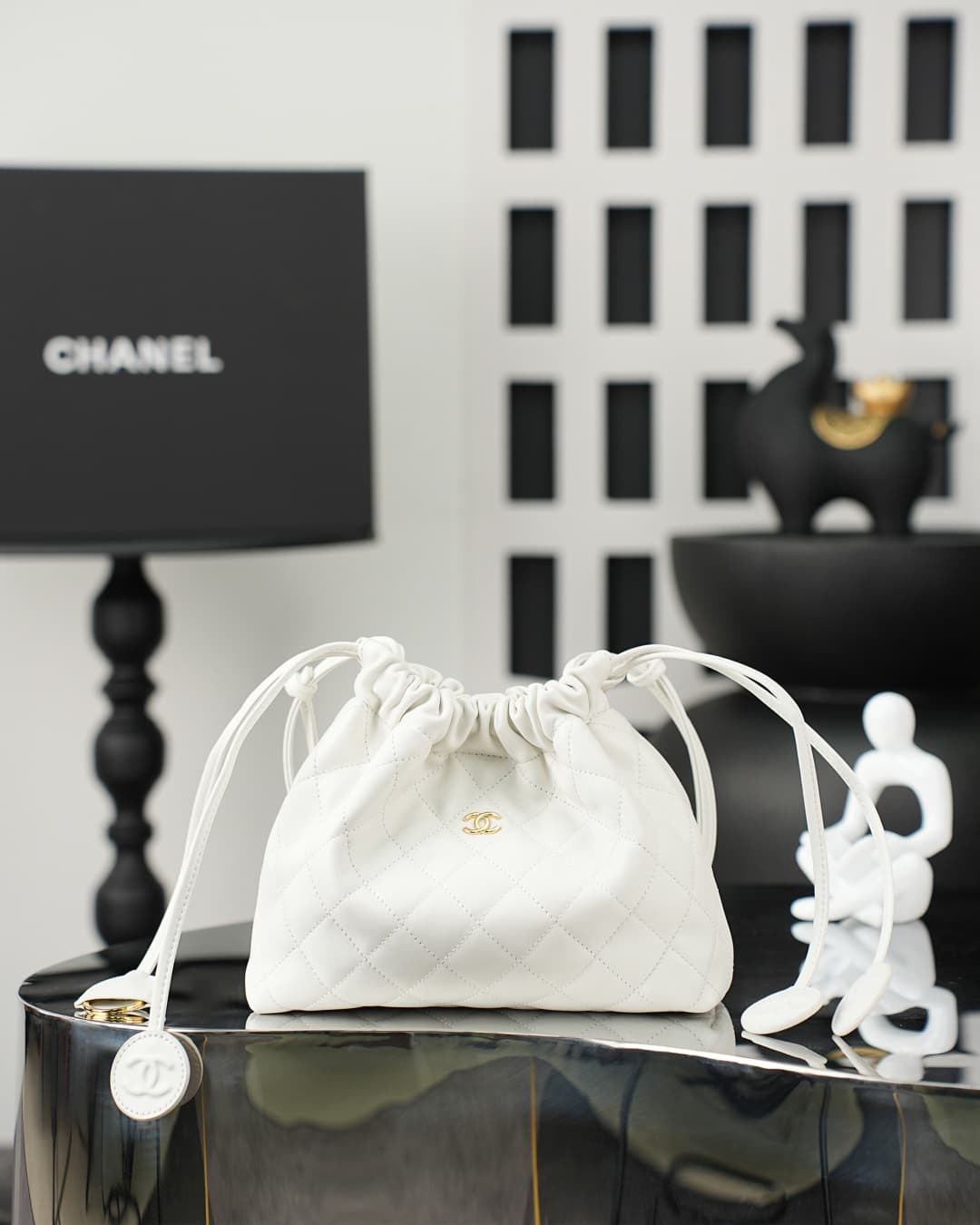 Chanel Clutch with Leather Strap Lambskin & Gold-tone Metal AP5228 White  A