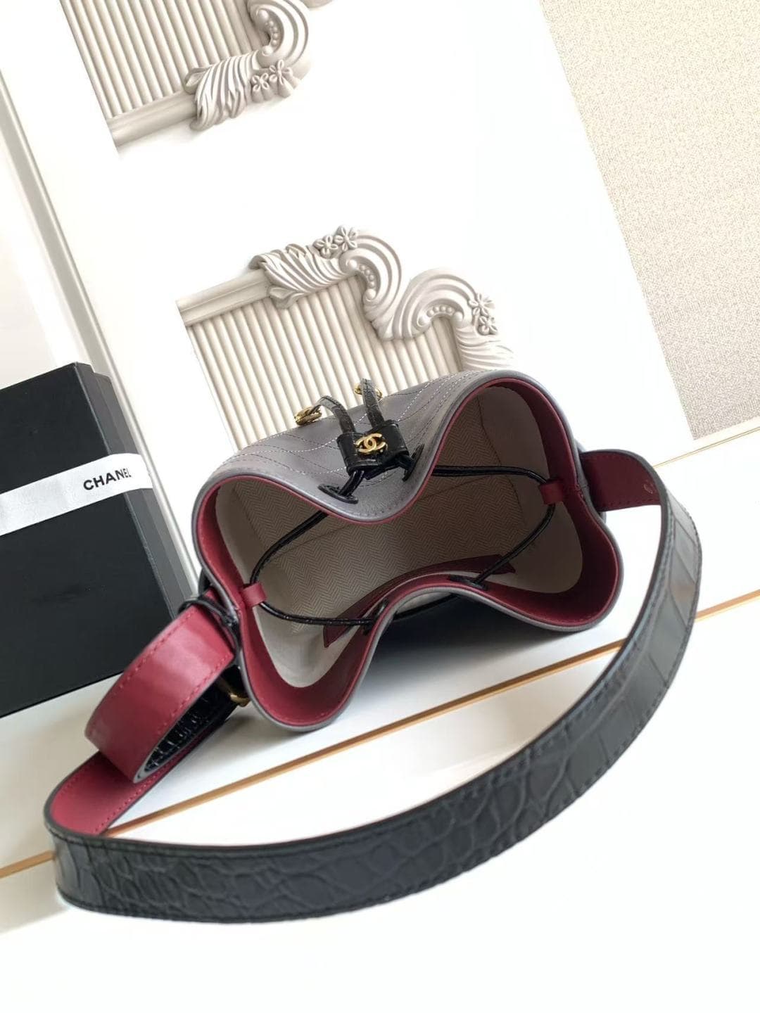 Chanel Small Bucket Bag Calfskin Leather & Gold-Tone Metal Grey AS6537 A