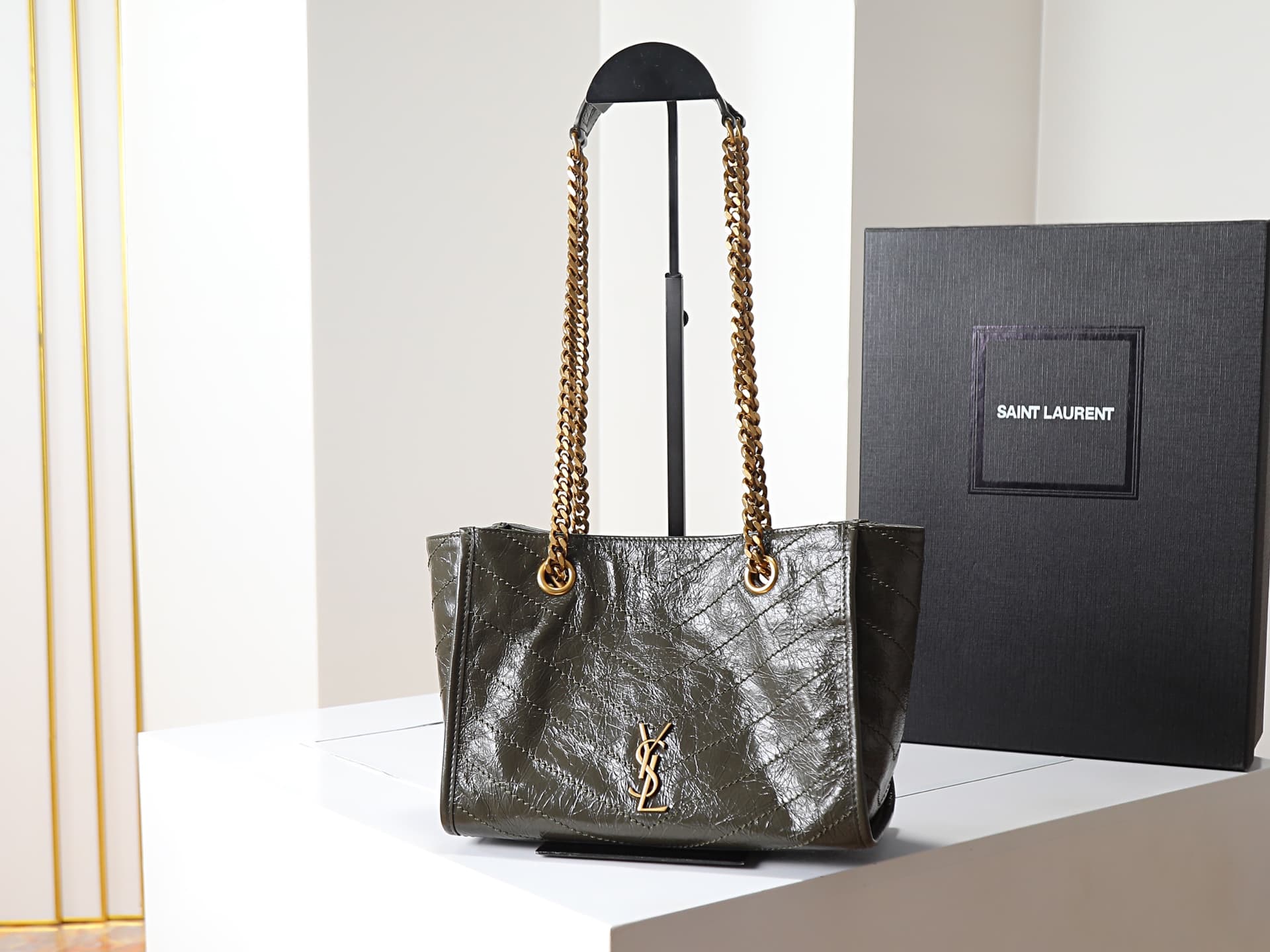 Saint Laurent Niki Shopping Tote Bag Calf Leather In Khaki Green 872680 High