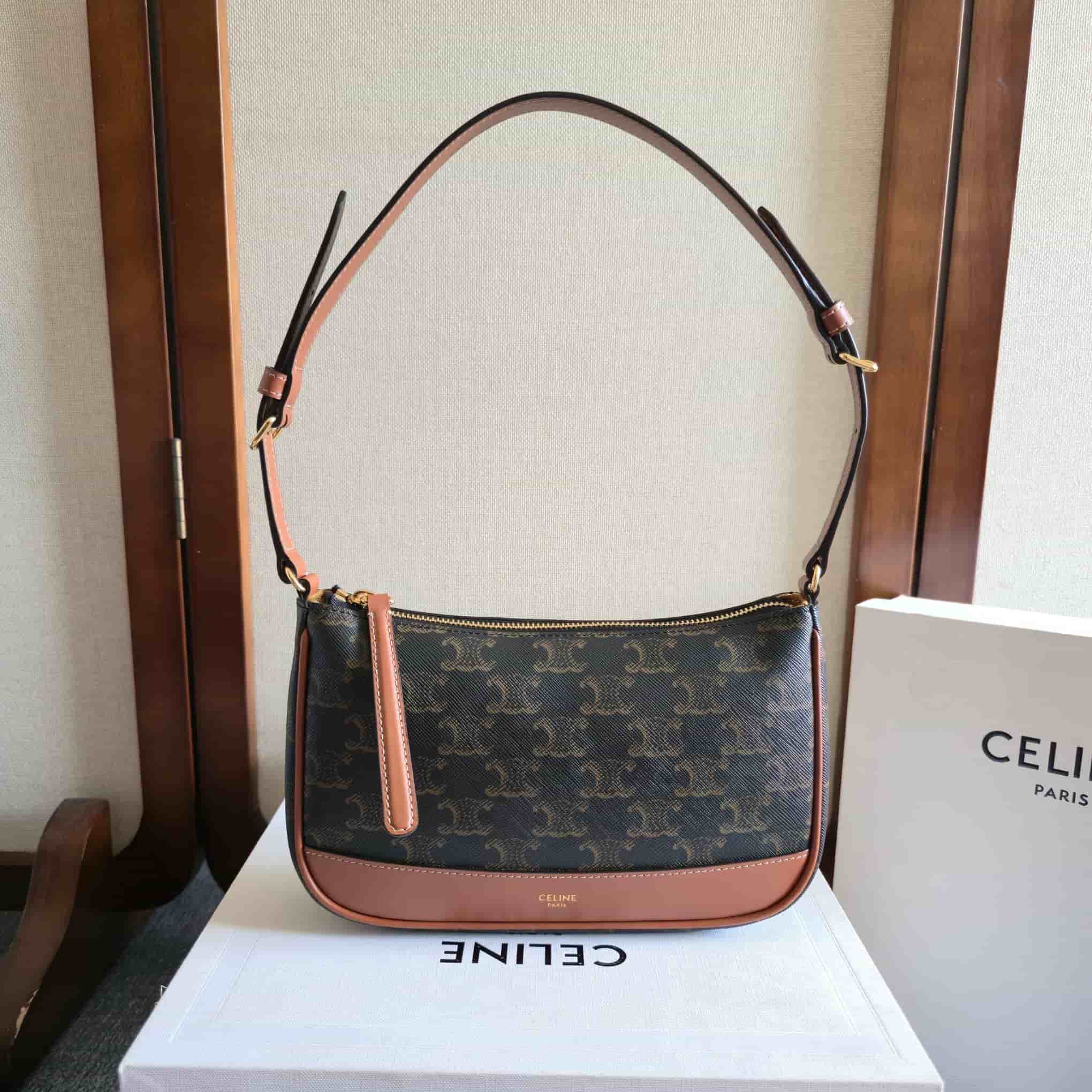 Celine Triomphe Canvas Shoulder Bag in Tan High