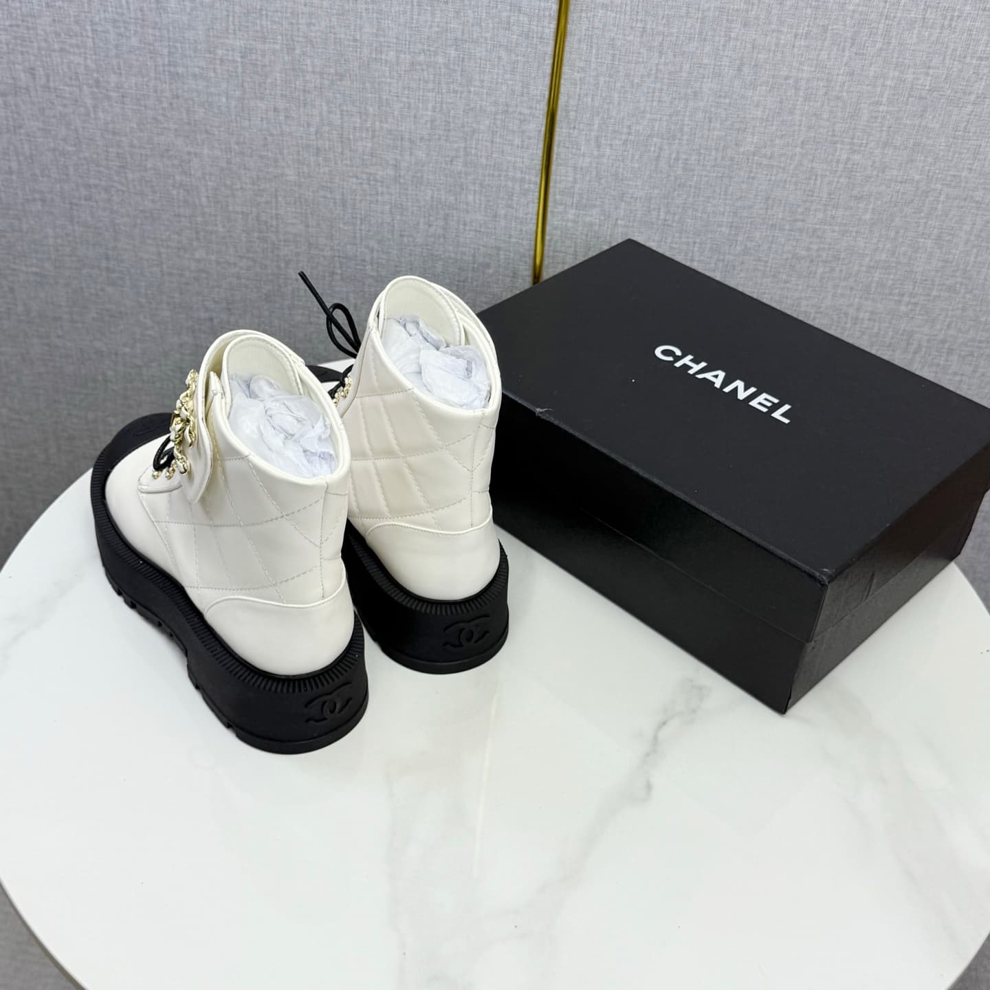 Chanel Shiny Calfskin Quilted Lace Up Combat Boots Shoes Women