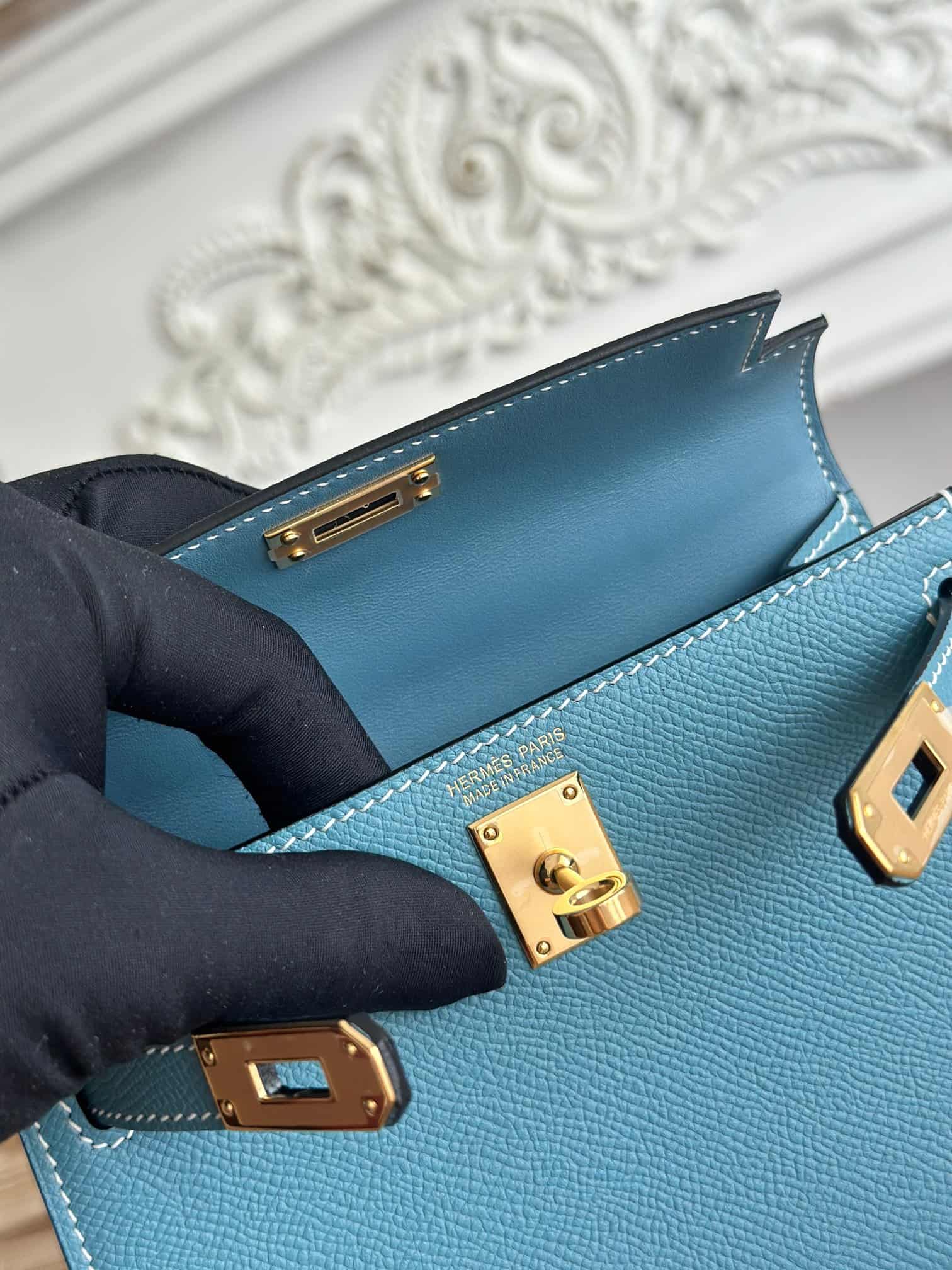 Hermes Kelly Mini II Bag Epsom Leather WAX Bleu Jean High