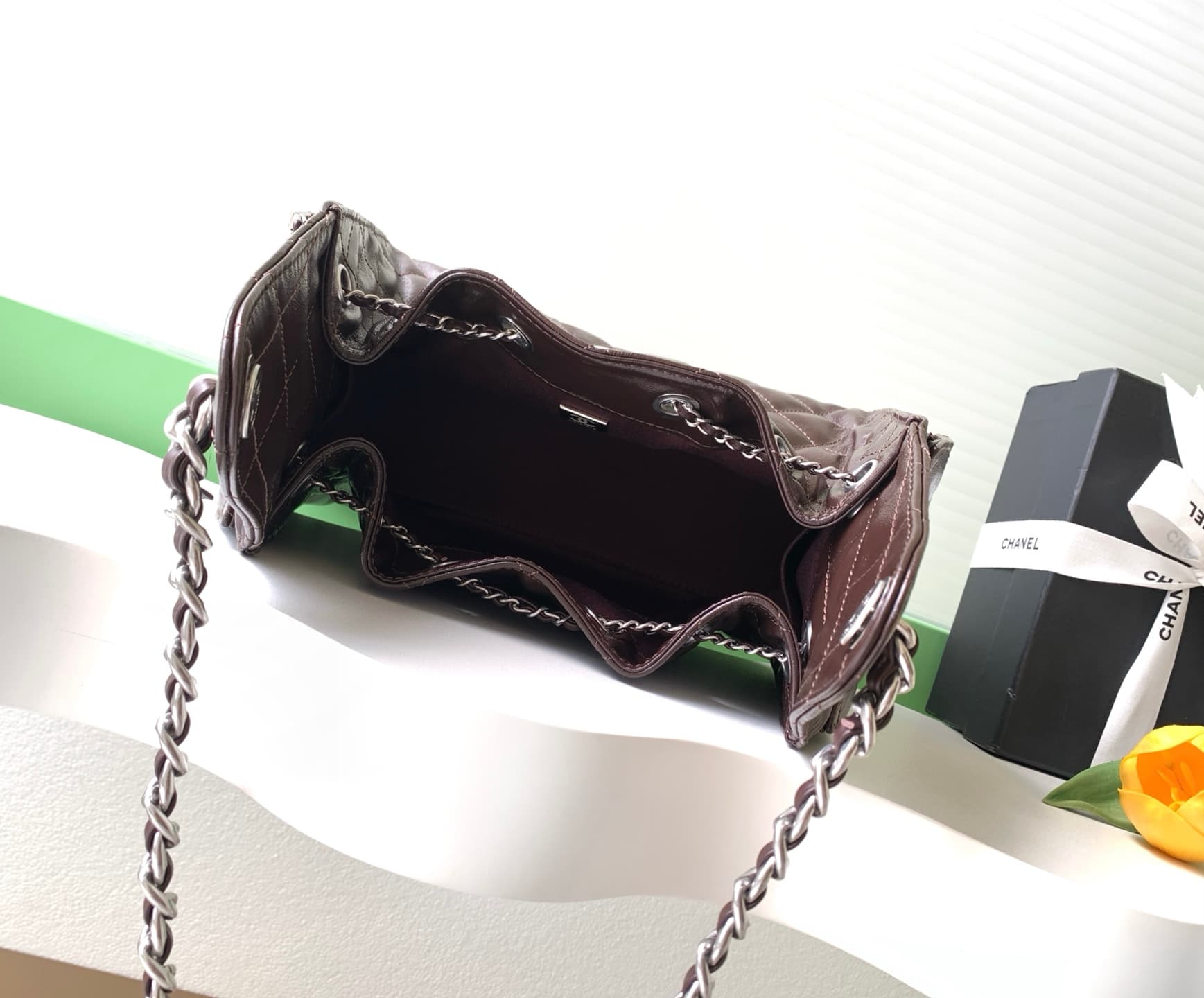 Chanel 25 Small Hobo handbag AS5293 Shiny calfskin&Silver-tone metal Drak Brown A