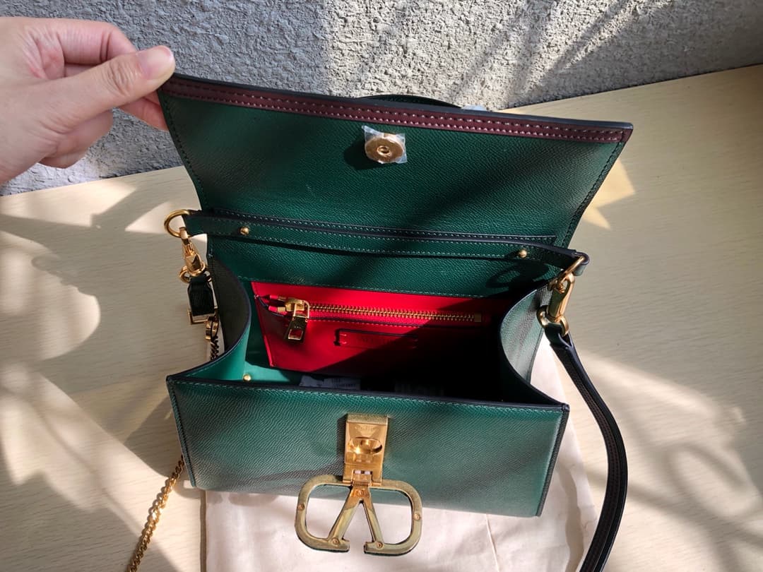 Valentino Small Vsling Handbag In Dark Green Grainy Calfskin High