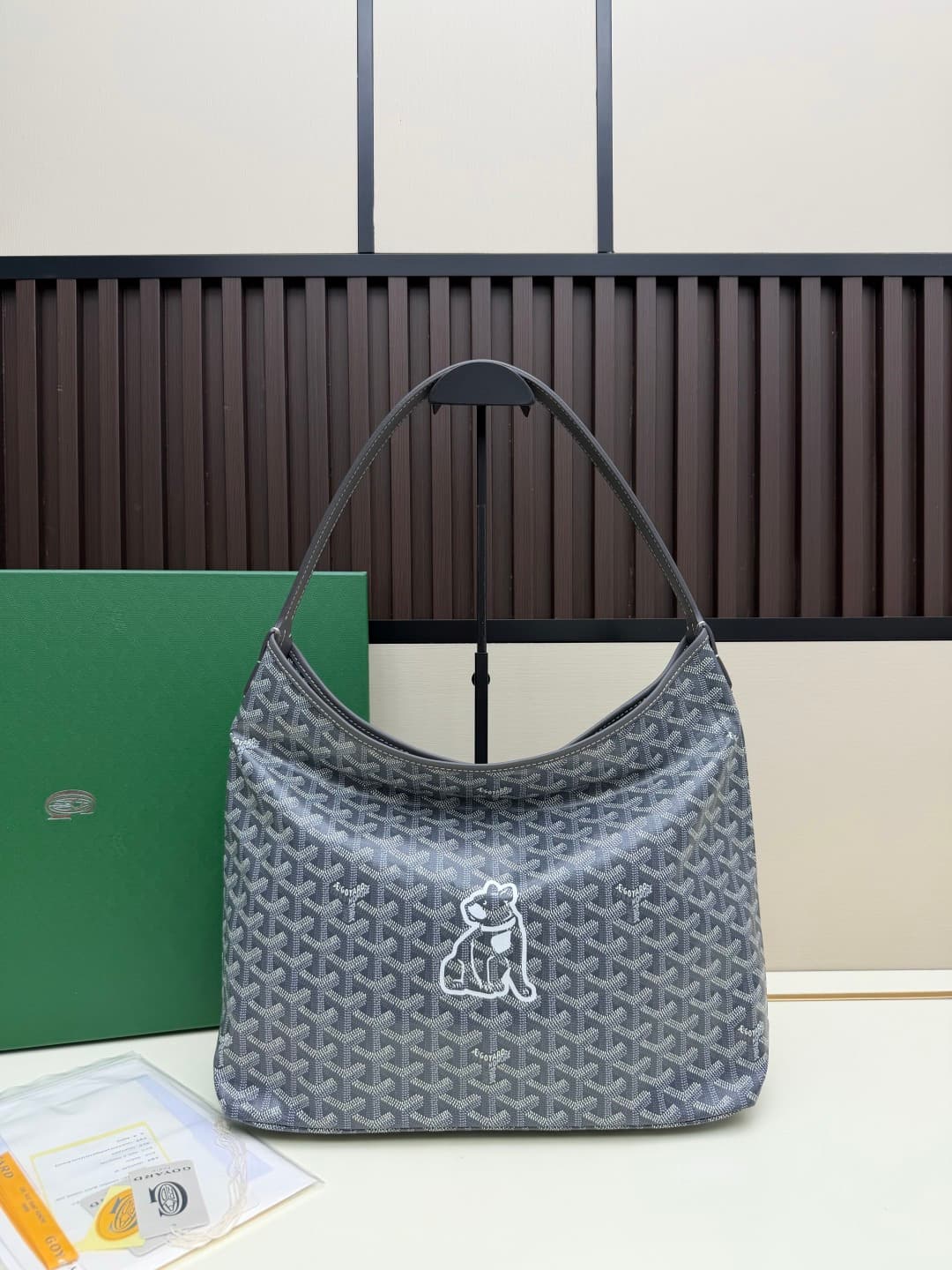 Goyard Bohème Grey Hobo Bag Chevron Canvas and  White Painted Mascot High