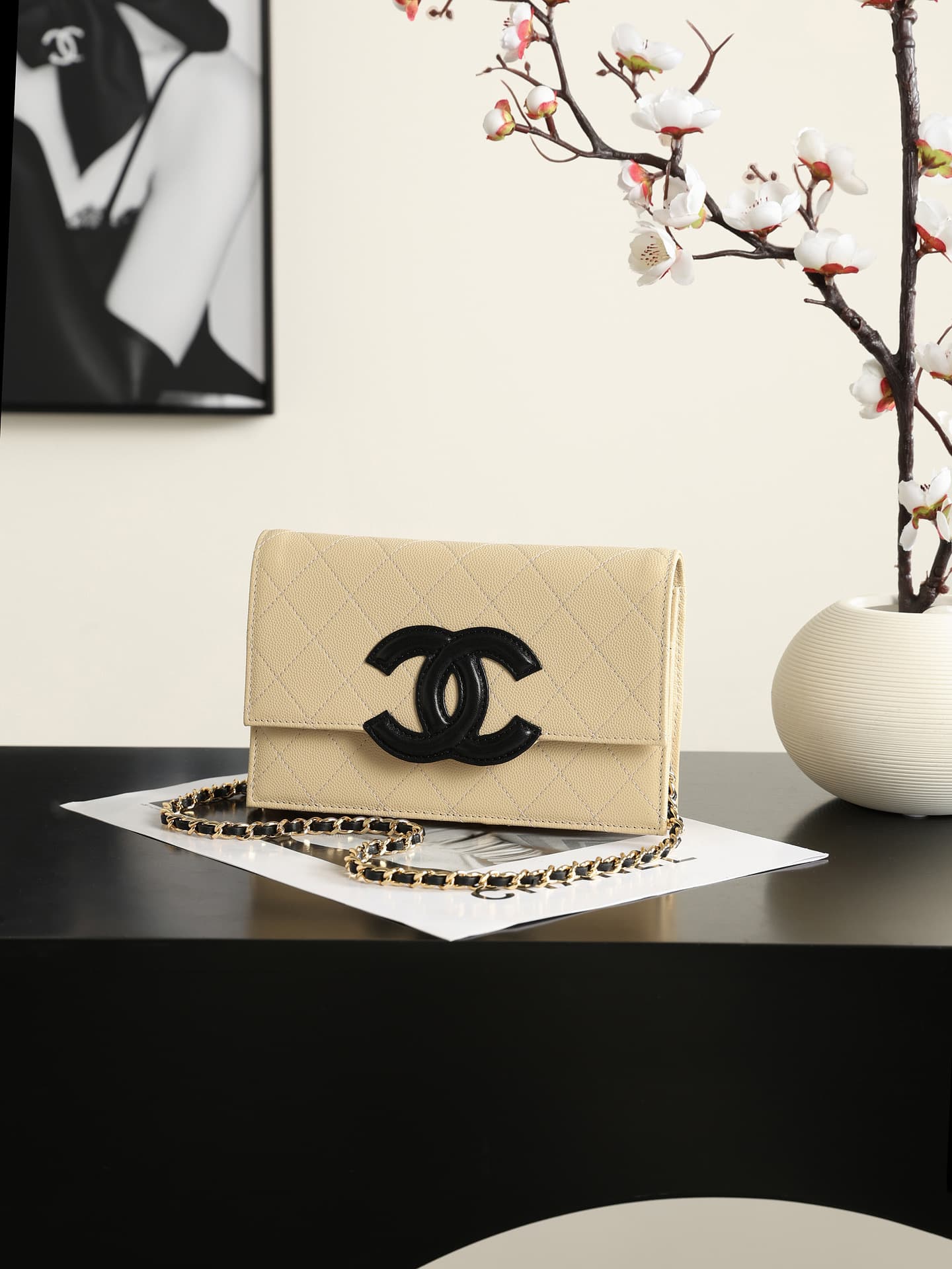 Chanel Wallet on Chain Shiny Grained Calfskin Lambskin & Gold-Tone Metal Beige AP5455 A