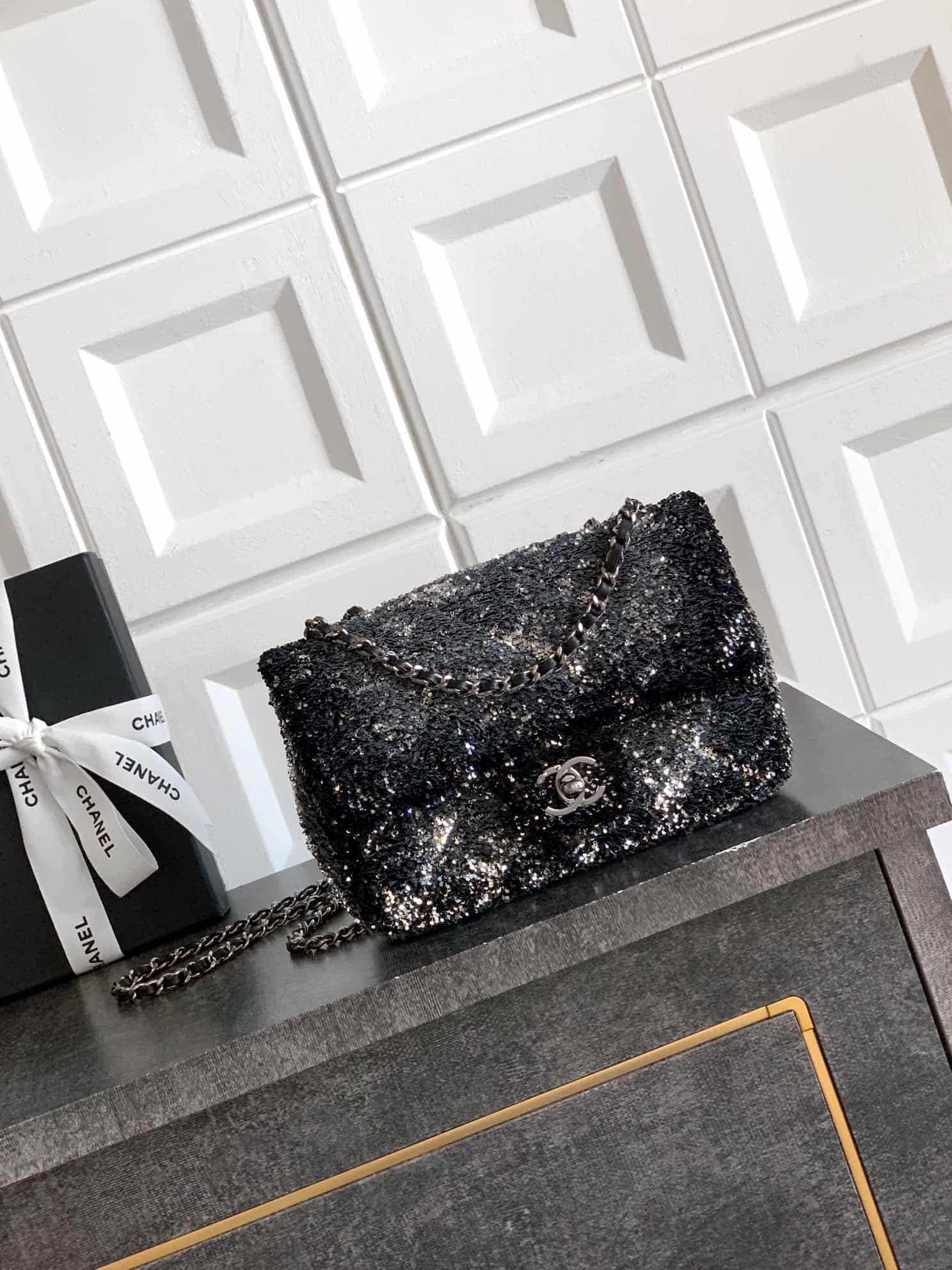 Chanel Classic Mini Flap Bag Sequin Embroidery & Silver-Tone Metal Black 6171 A
